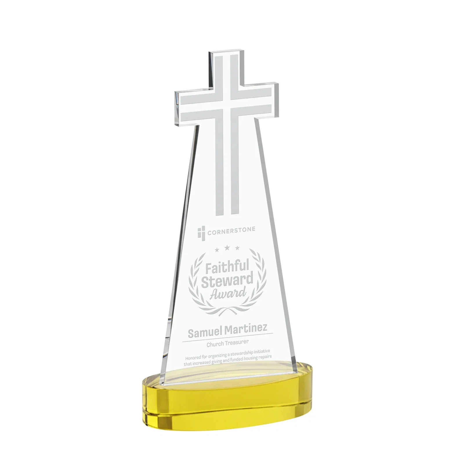 Custom Starfire Crystal Cut-Out Cross Award on Oval Base for dealer and partner awards