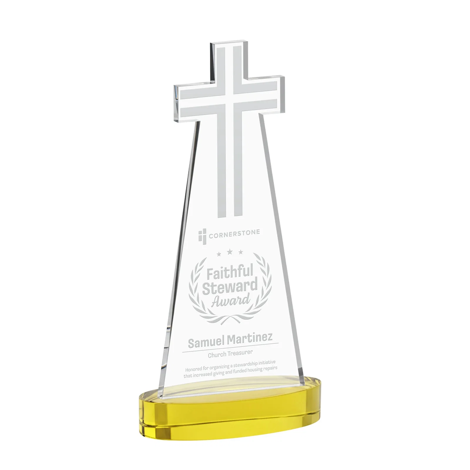 Custom Starfire Crystal Cut-Out Cross Award on Oval Base for company anniversary events