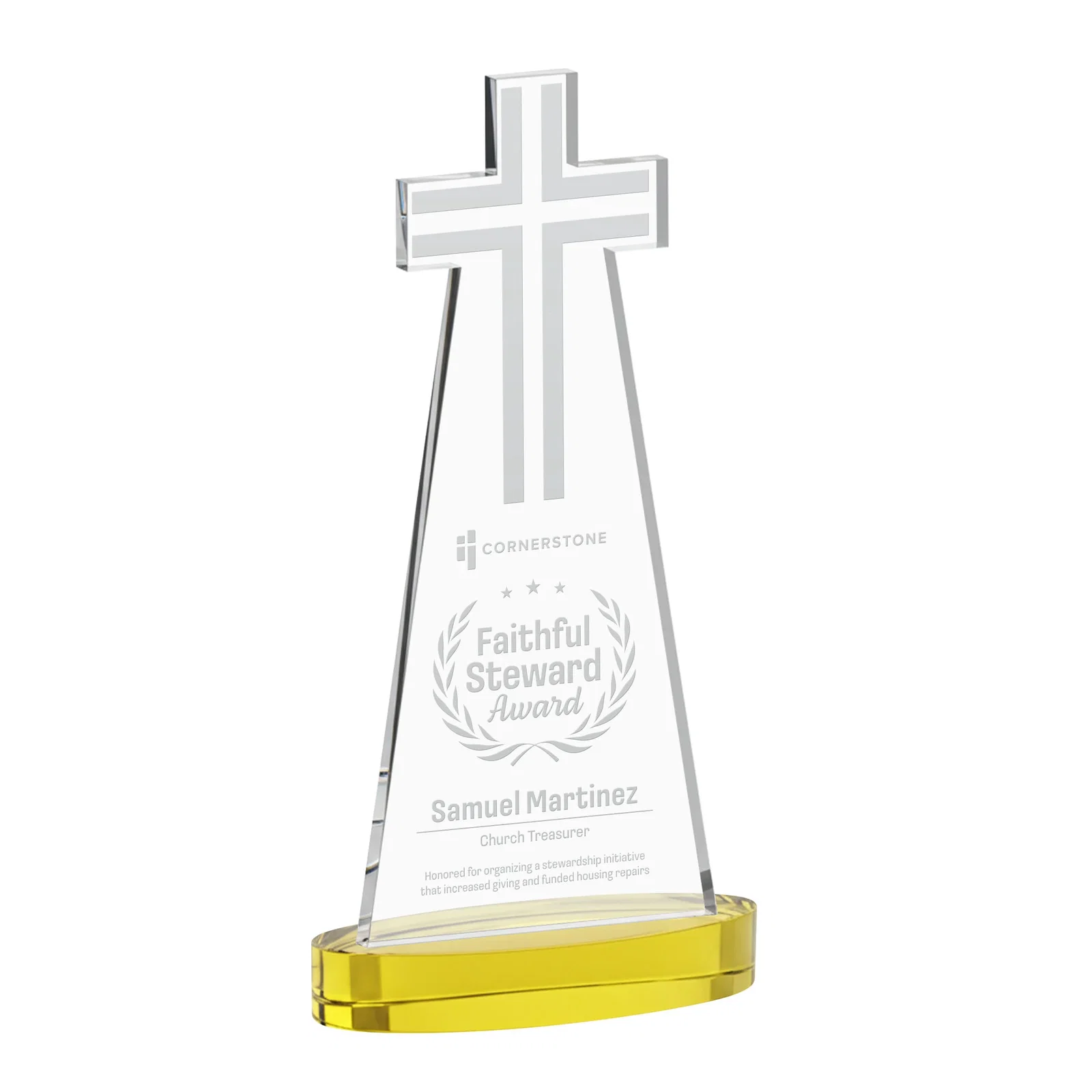 Personalized Starfire Crystal Cut-Out Cross Award on Oval Base for employee recognition