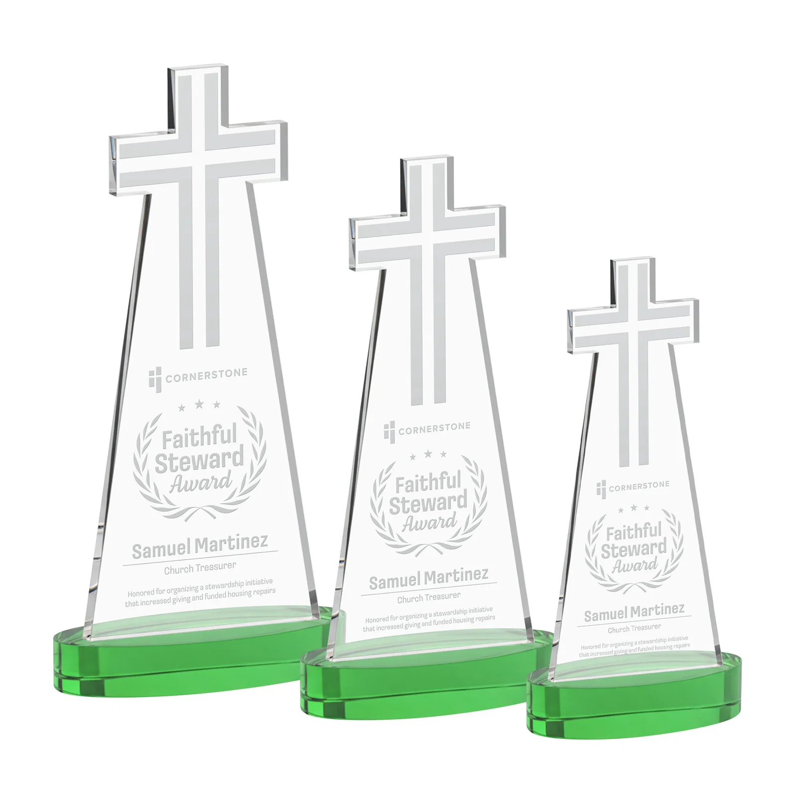 Personalized Starfire Crystal Cut-Out Cross Award on Oval Base for corporate award ceremonies