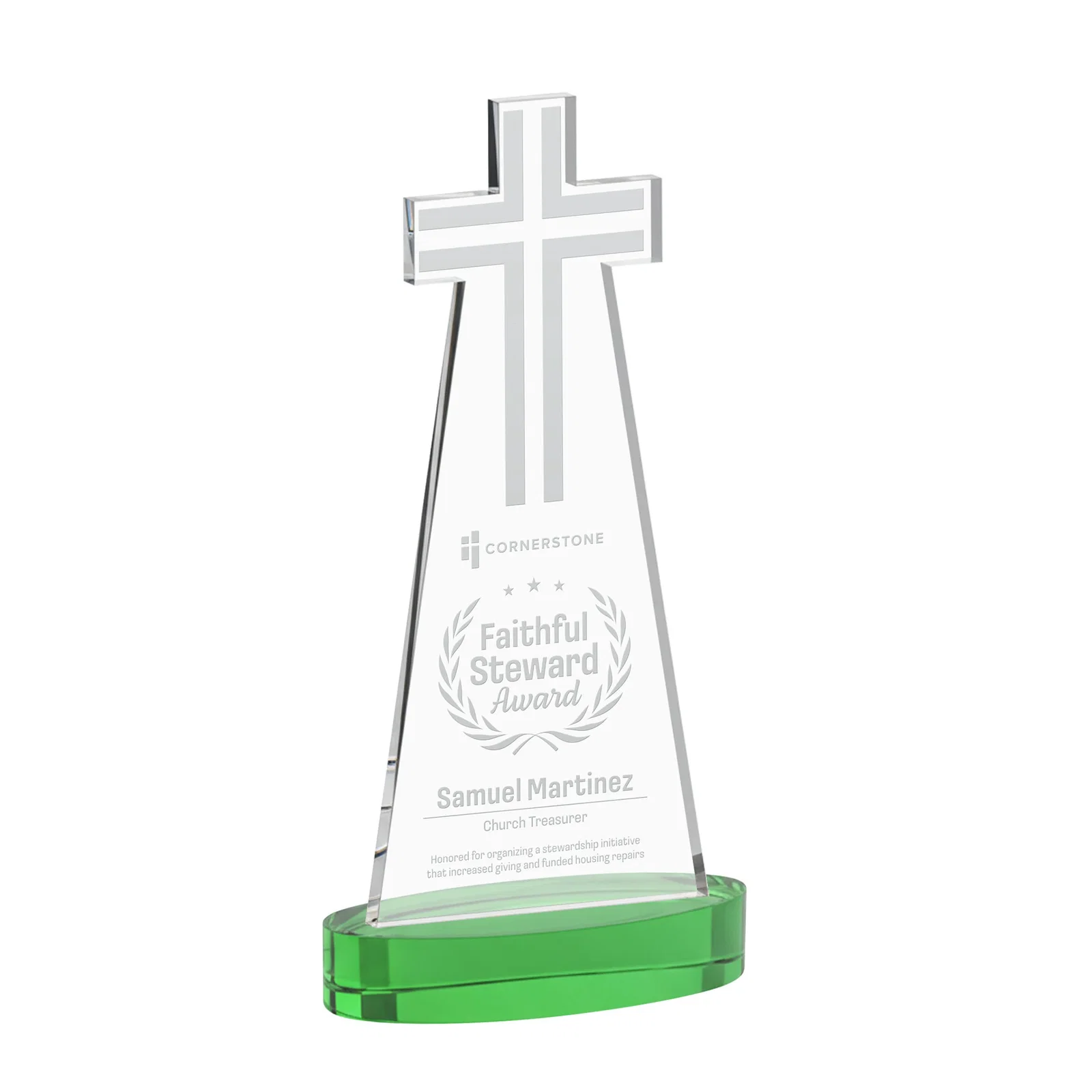 Personalized Starfire Crystal Cut-Out Cross Award on Oval Base for sales achievement awards