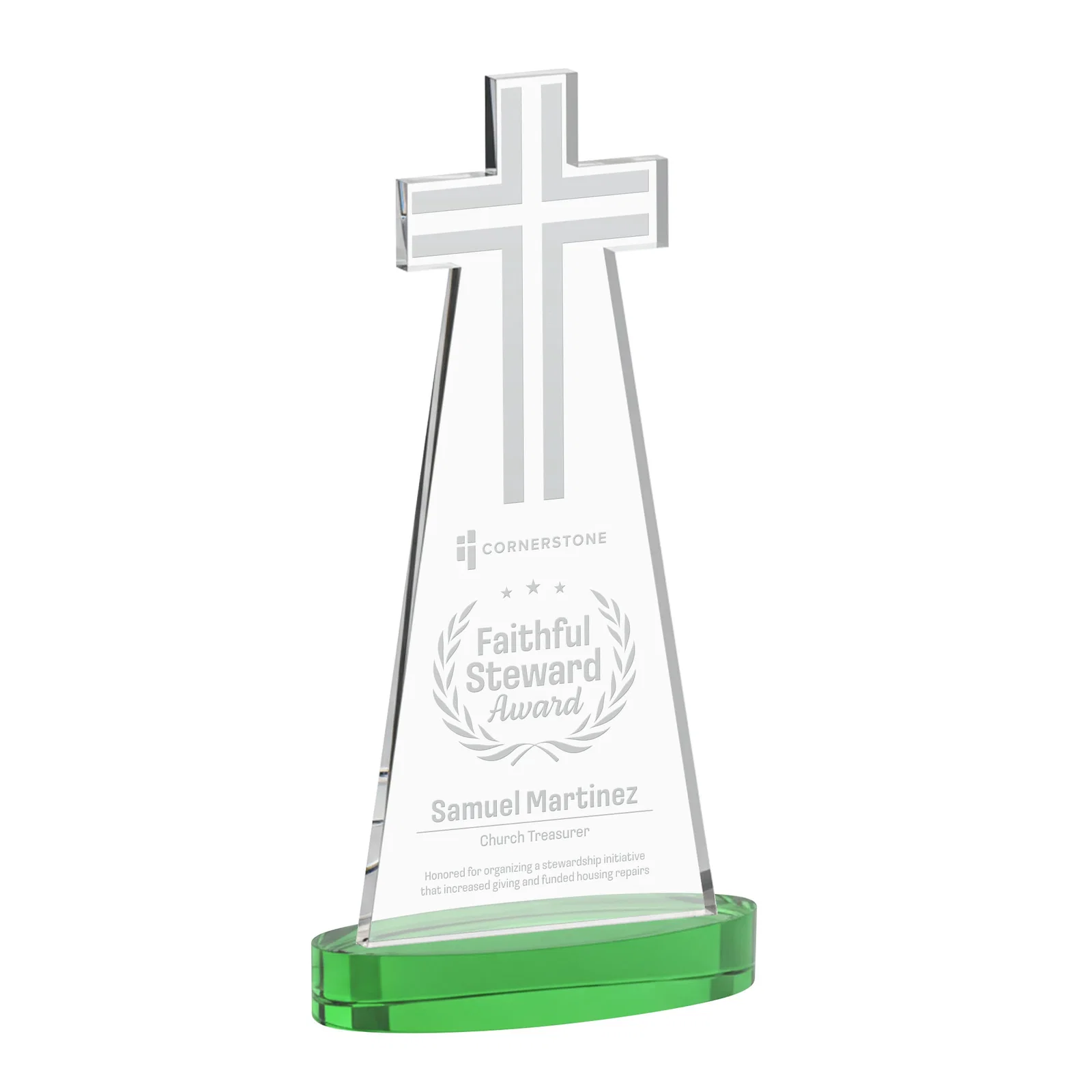 Personalized Starfire Crystal Cut-Out Cross Award on Oval Base for retirement presentations
