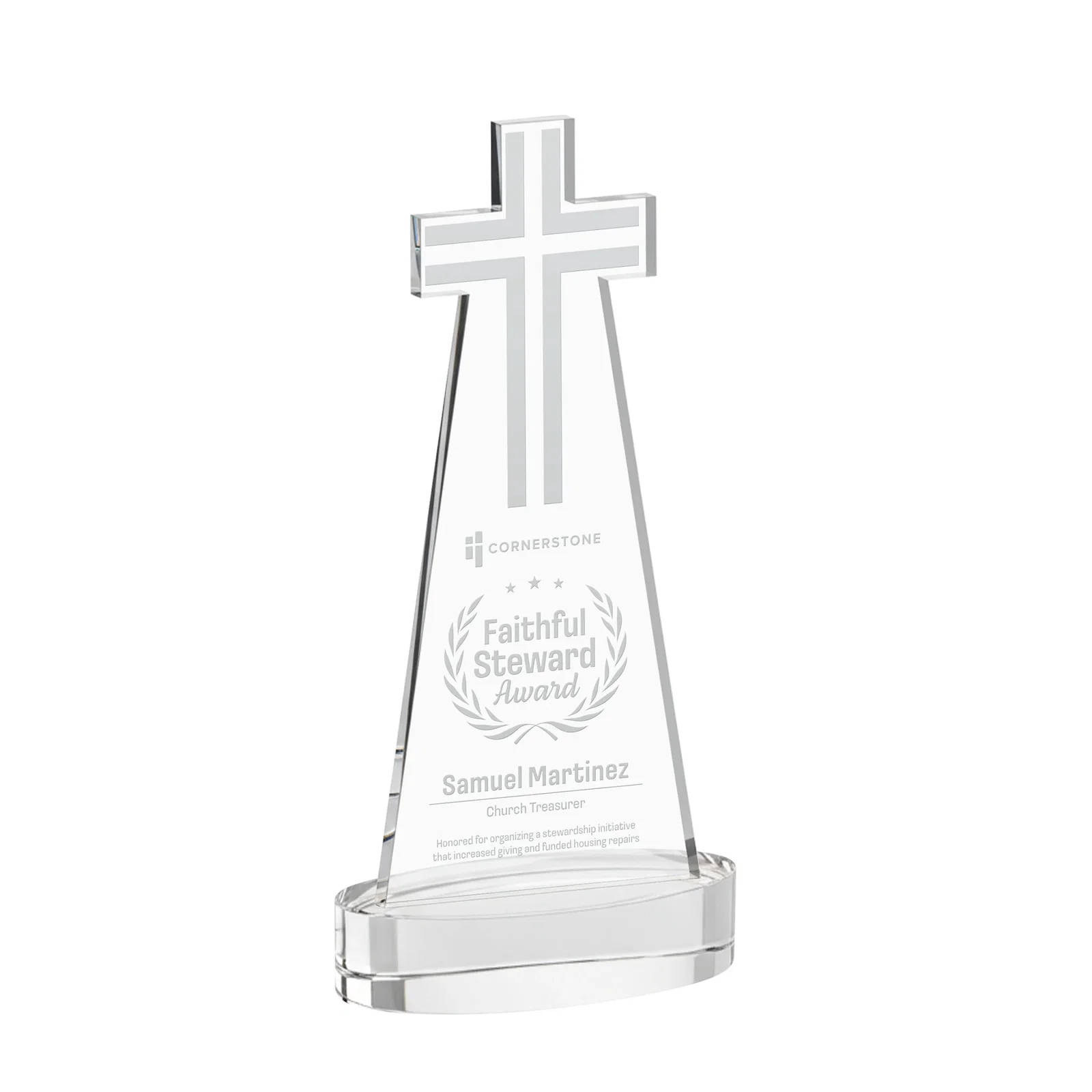 Custom Starfire Crystal Cut-Out Cross Award on Oval Base for corporate award ceremonies