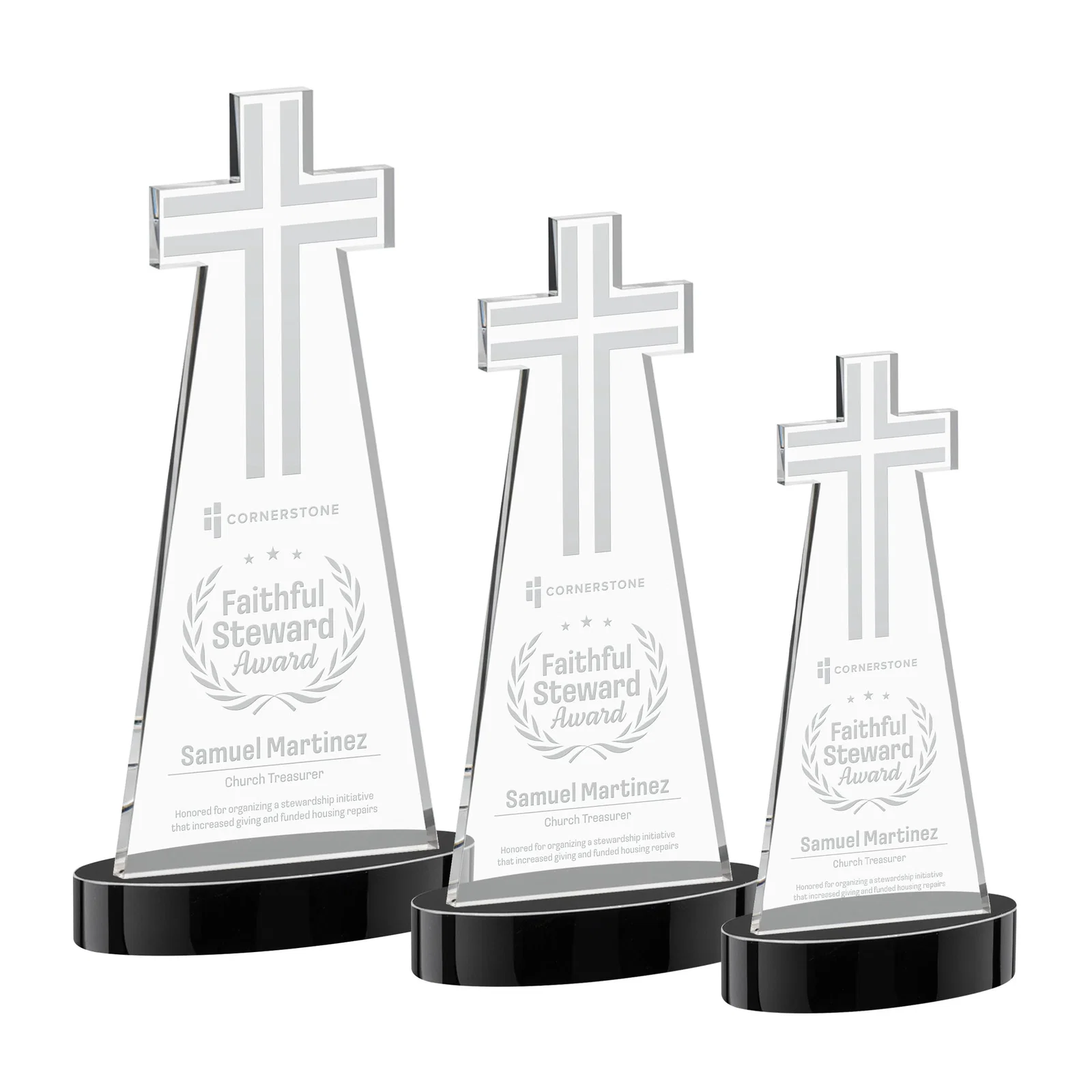 Personalized Starfire Crystal Cut-Out Cross Award on Oval Base for team milestone celebrations