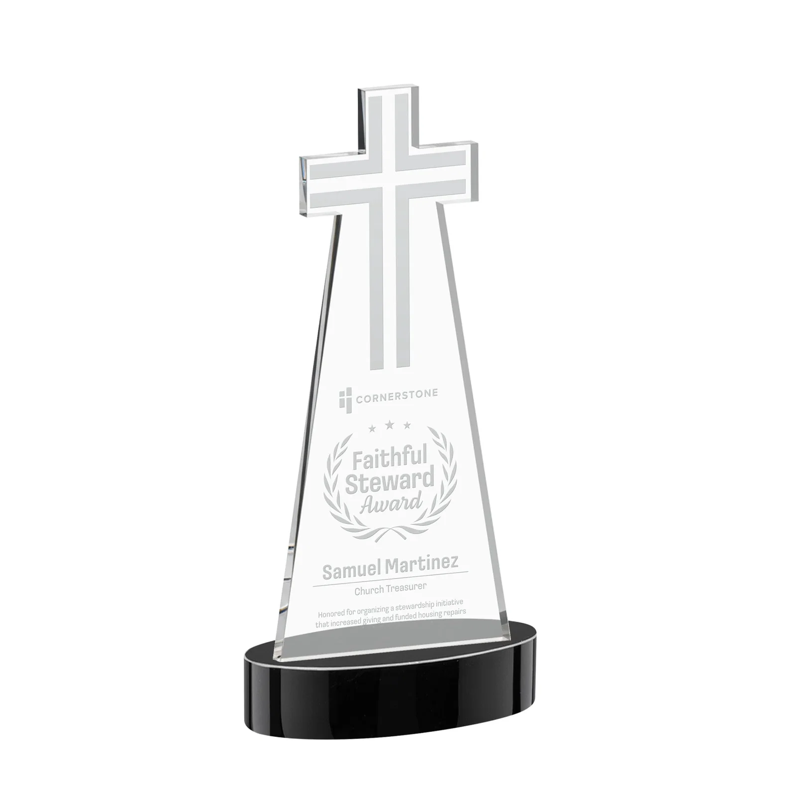 Personalized Starfire Crystal Cut-Out Cross Award on Oval Base for donor appreciation