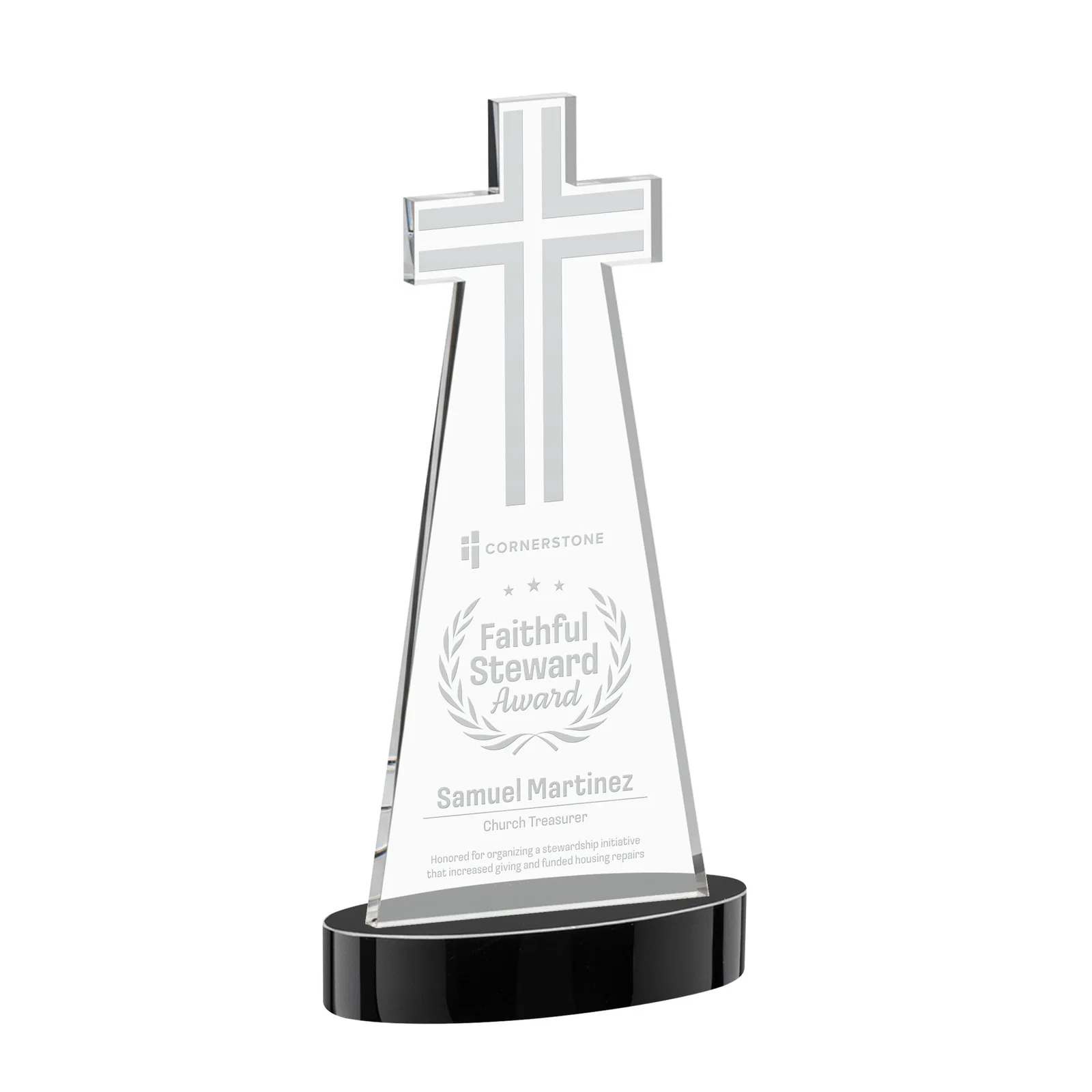 Personalized Starfire Crystal Cut-Out Cross Award on Oval Base for graduation ceremonies