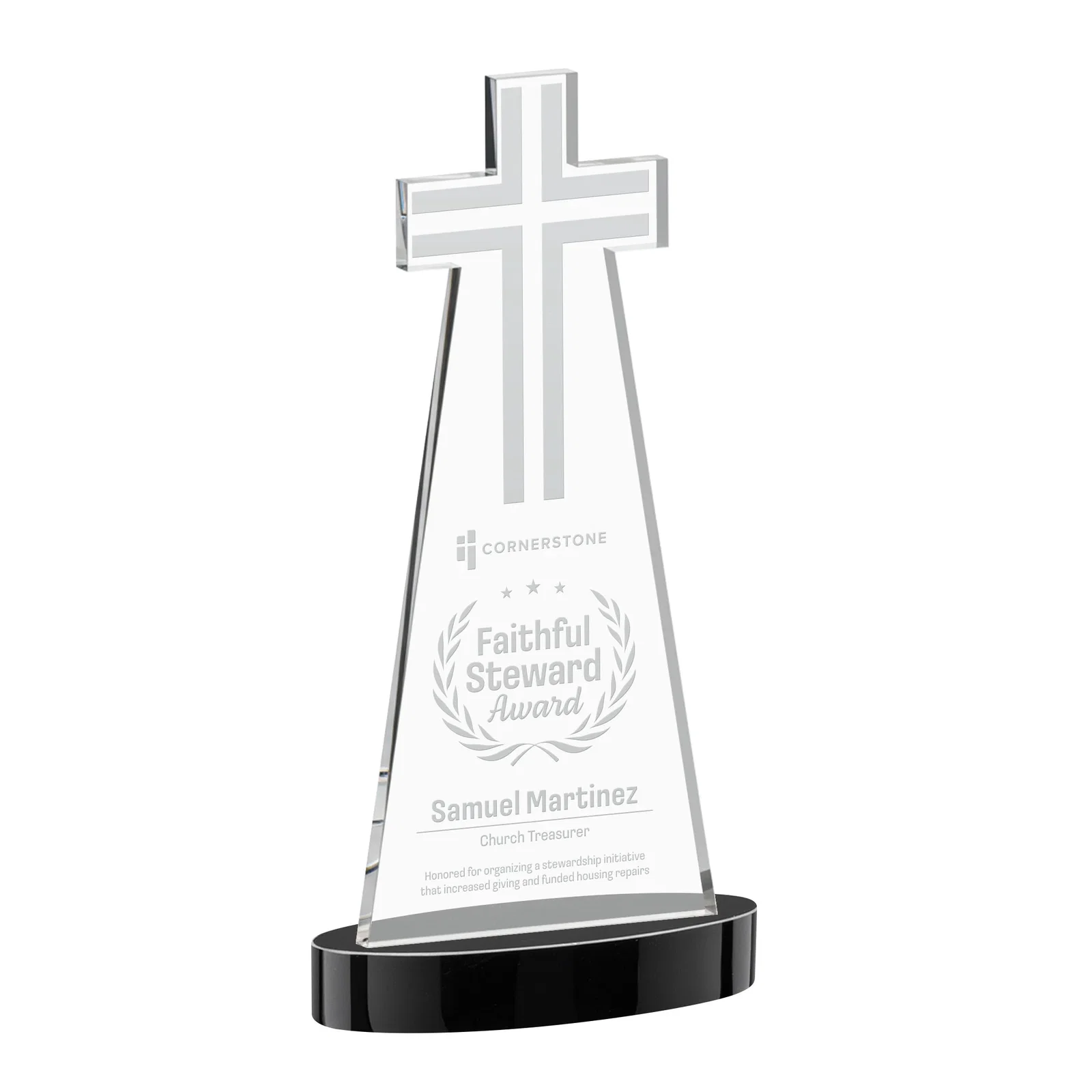 Personalized Starfire Crystal Cut-Out Cross Award on Oval Base for safety achievement programs