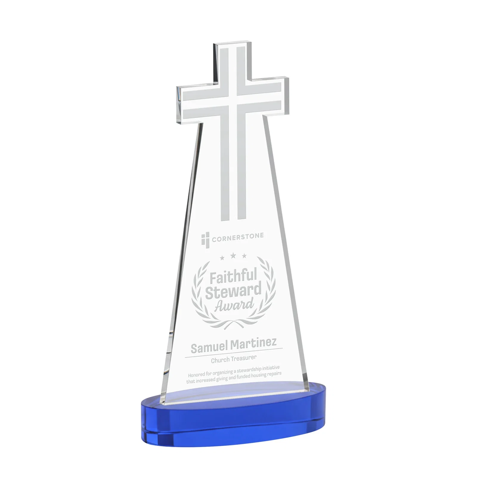 Personalized Starfire Crystal Cut-Out Cross Award on Oval Base for company anniversary events