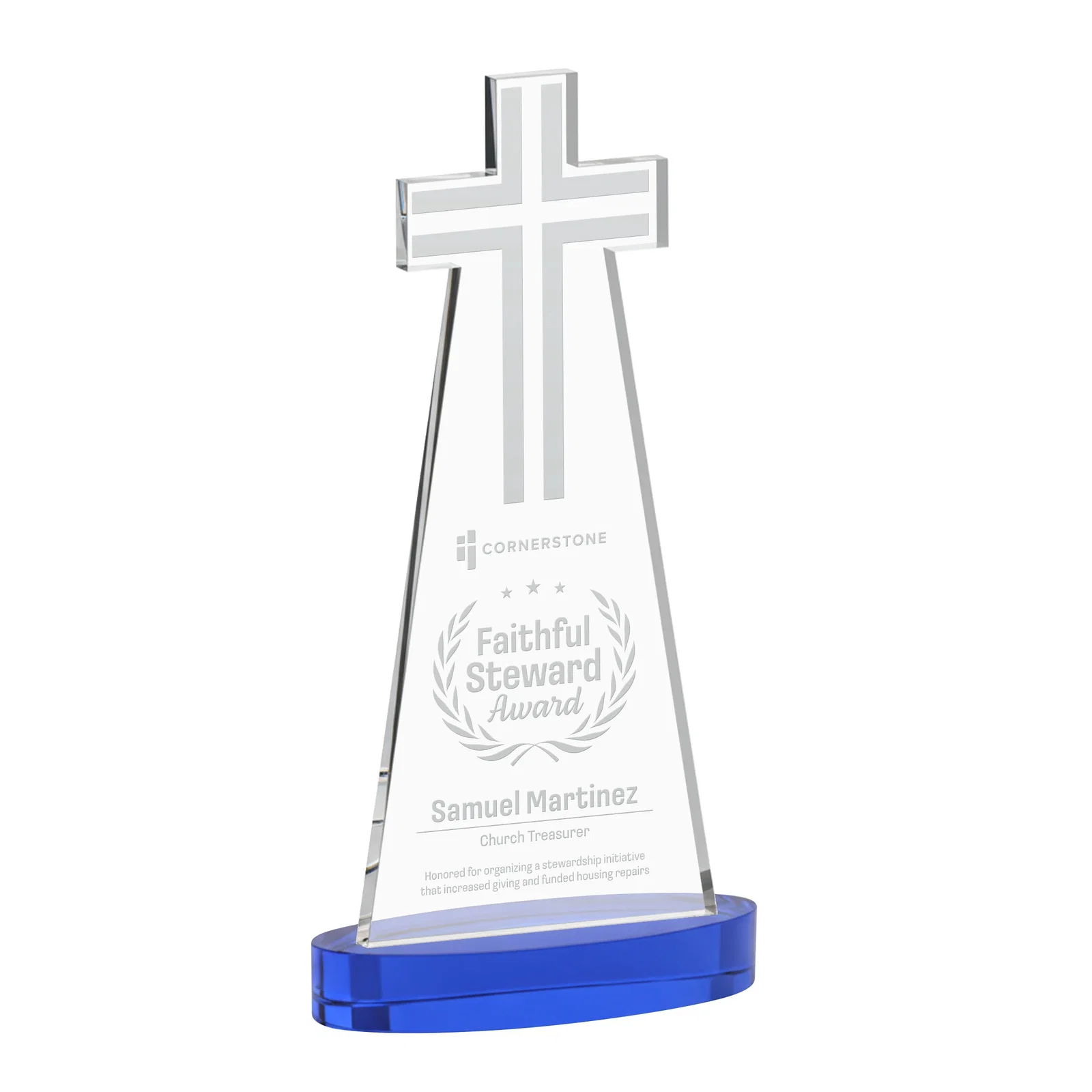 Promotional Starfire Crystal Cut-Out Cross Award on Oval Base for employee recognition
