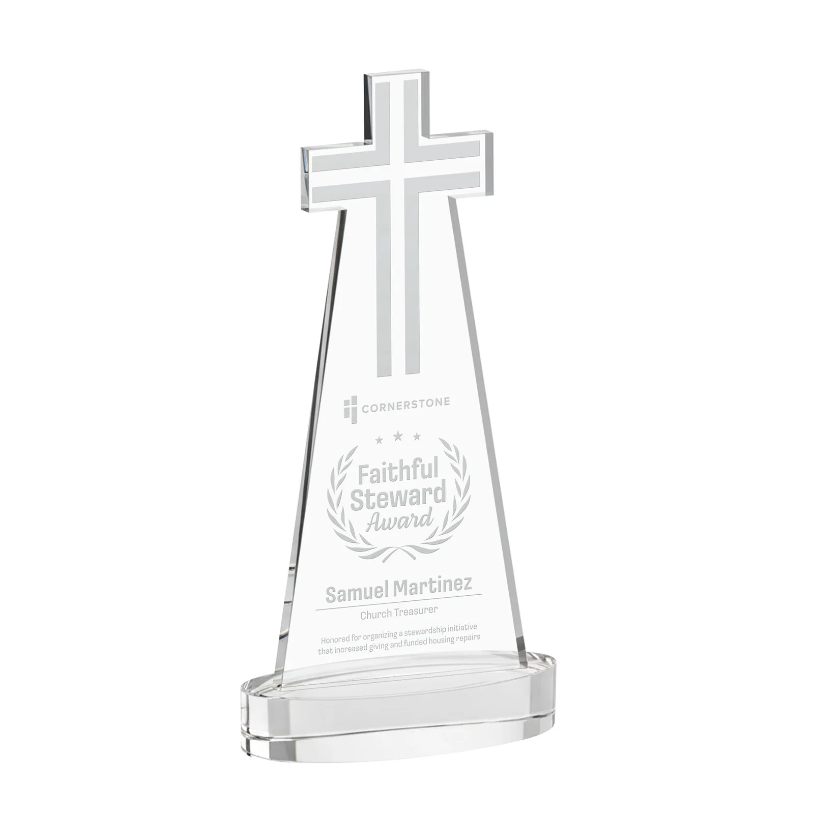 Custom Starfire Crystal Cut-Out Cross Award on Oval Base for service anniversary gifts