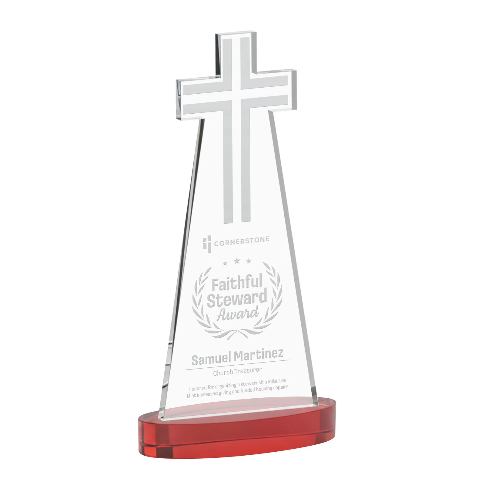 Promotional Starfire Crystal Cut-Out Cross Award on Oval Base for retirement presentations