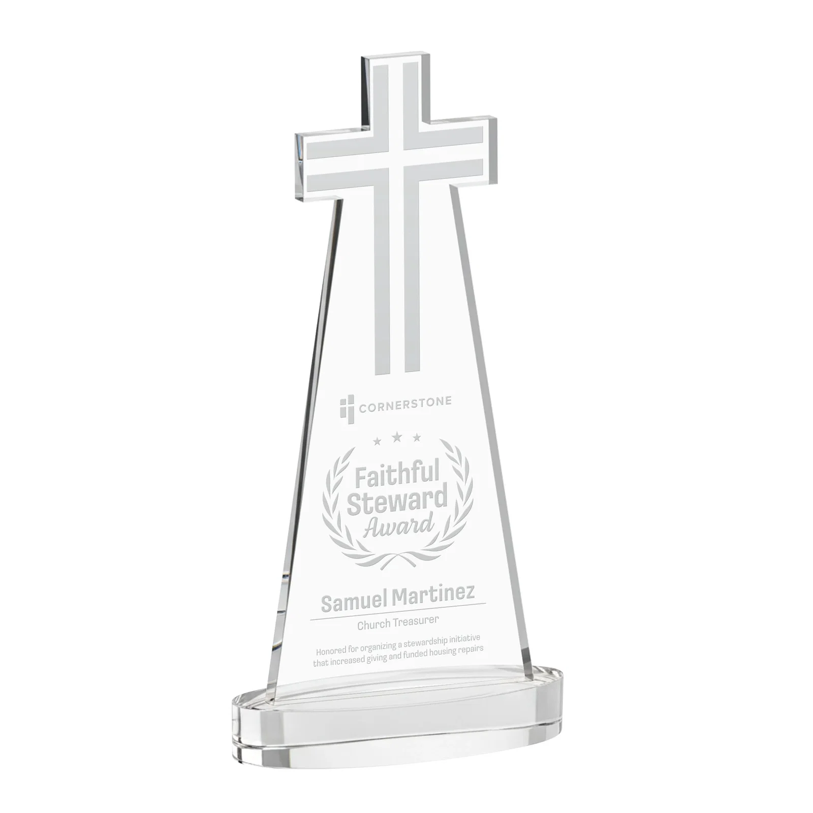 Custom Starfire Crystal Cut-Out Cross Award on Oval Base for sales achievement awards