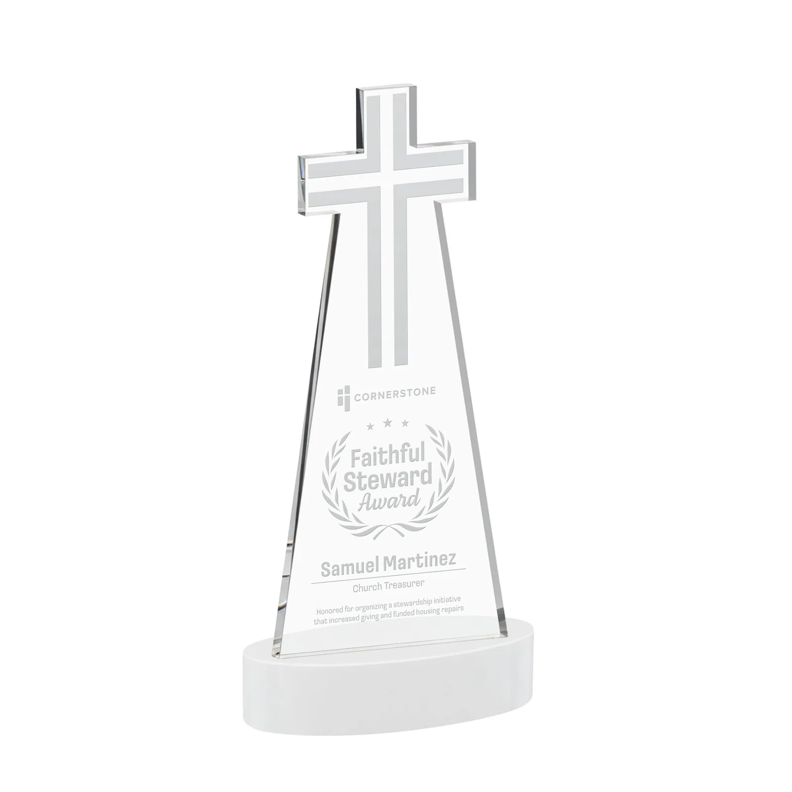 Promotional Starfire Crystal Cut-Out Cross Award on Oval Base for dealer and partner awards