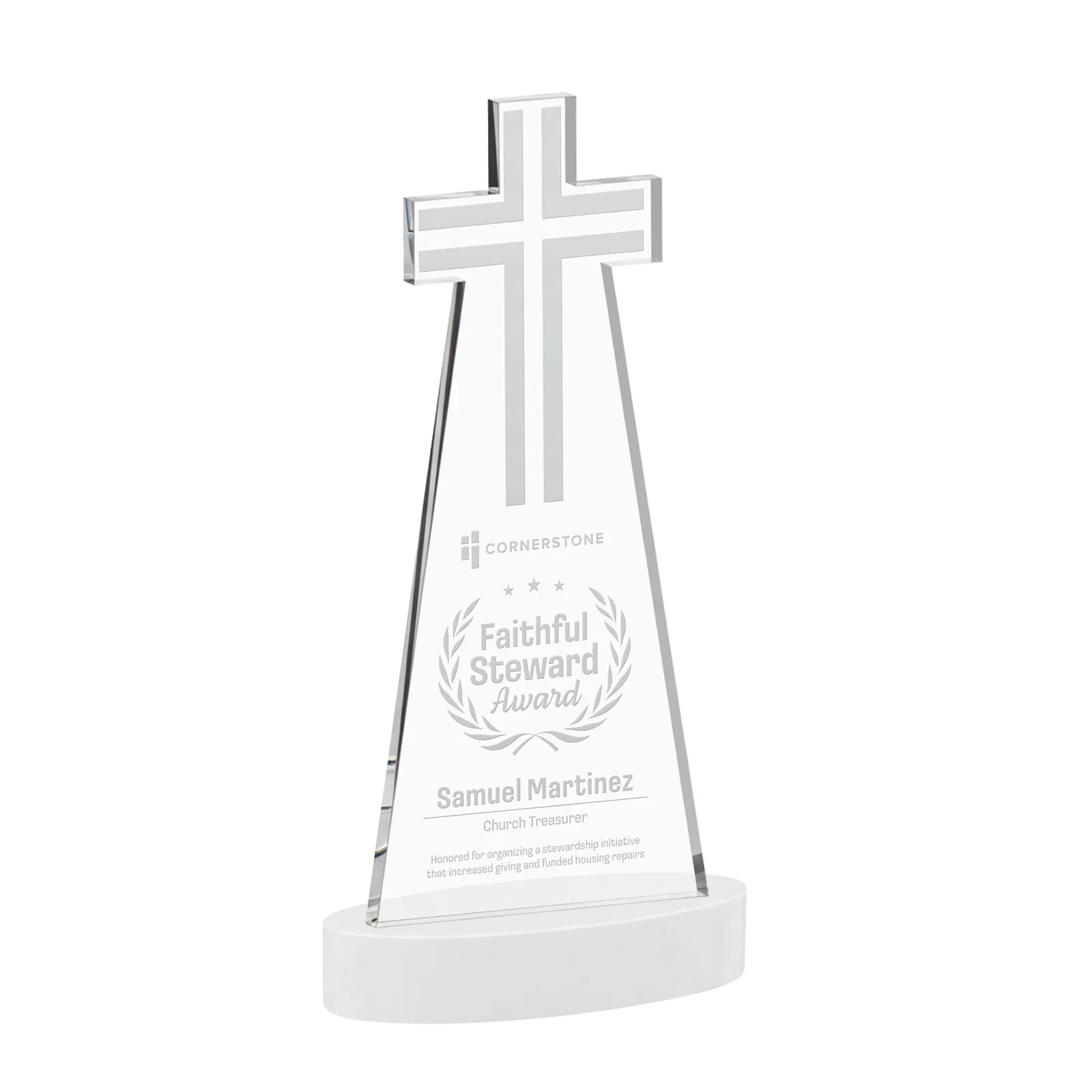 Promotional Starfire Crystal Cut-Out Cross Award on Oval Base for company anniversary events