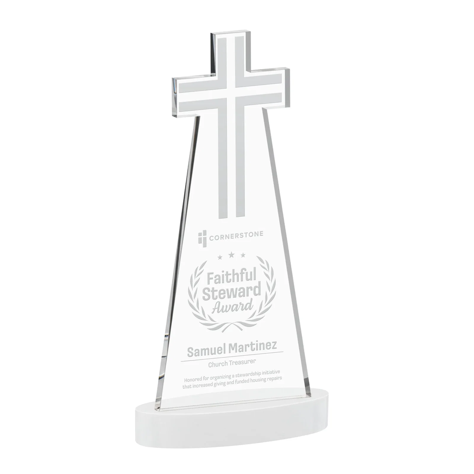 Branded Starfire Crystal Cut-Out Cross Award on Oval Base for employee recognition