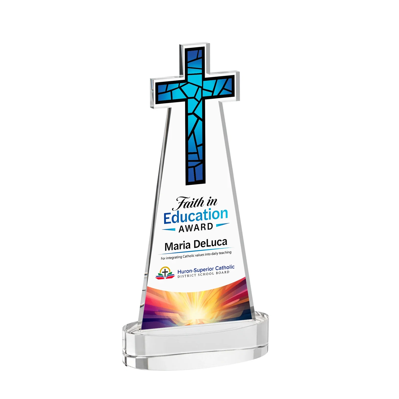 Branded Starfire Crystal Cut-Out Cross Award on Oval Base for service anniversary gifts