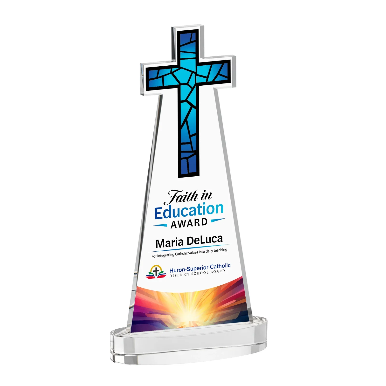 Branded Starfire Crystal Cut-Out Cross Award on Oval Base for retirement presentations