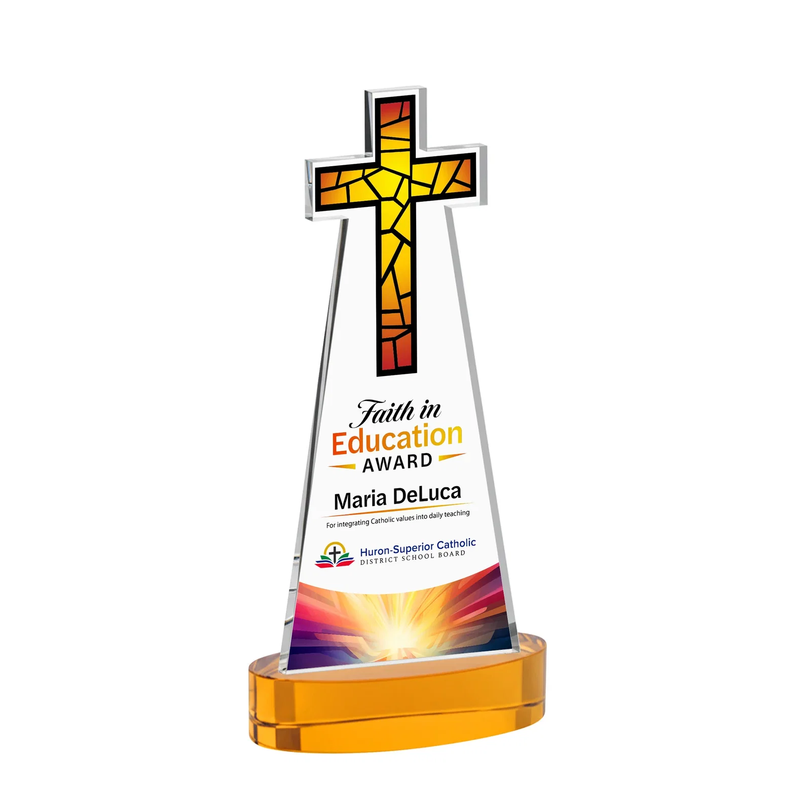 Branded Starfire Crystal Cut-Out Cross Award on Oval Base for donor appreciation