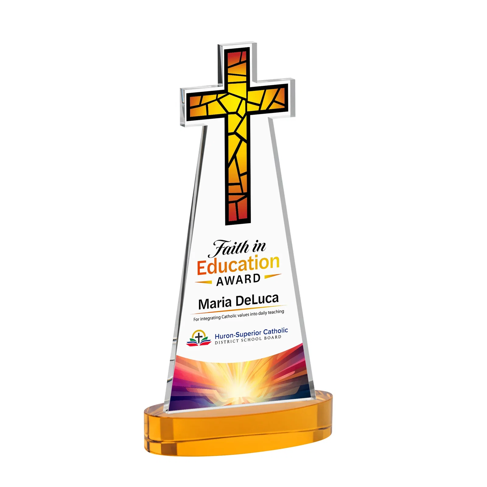 Branded Starfire Crystal Cut-Out Cross Award on Oval Base for graduation ceremonies
