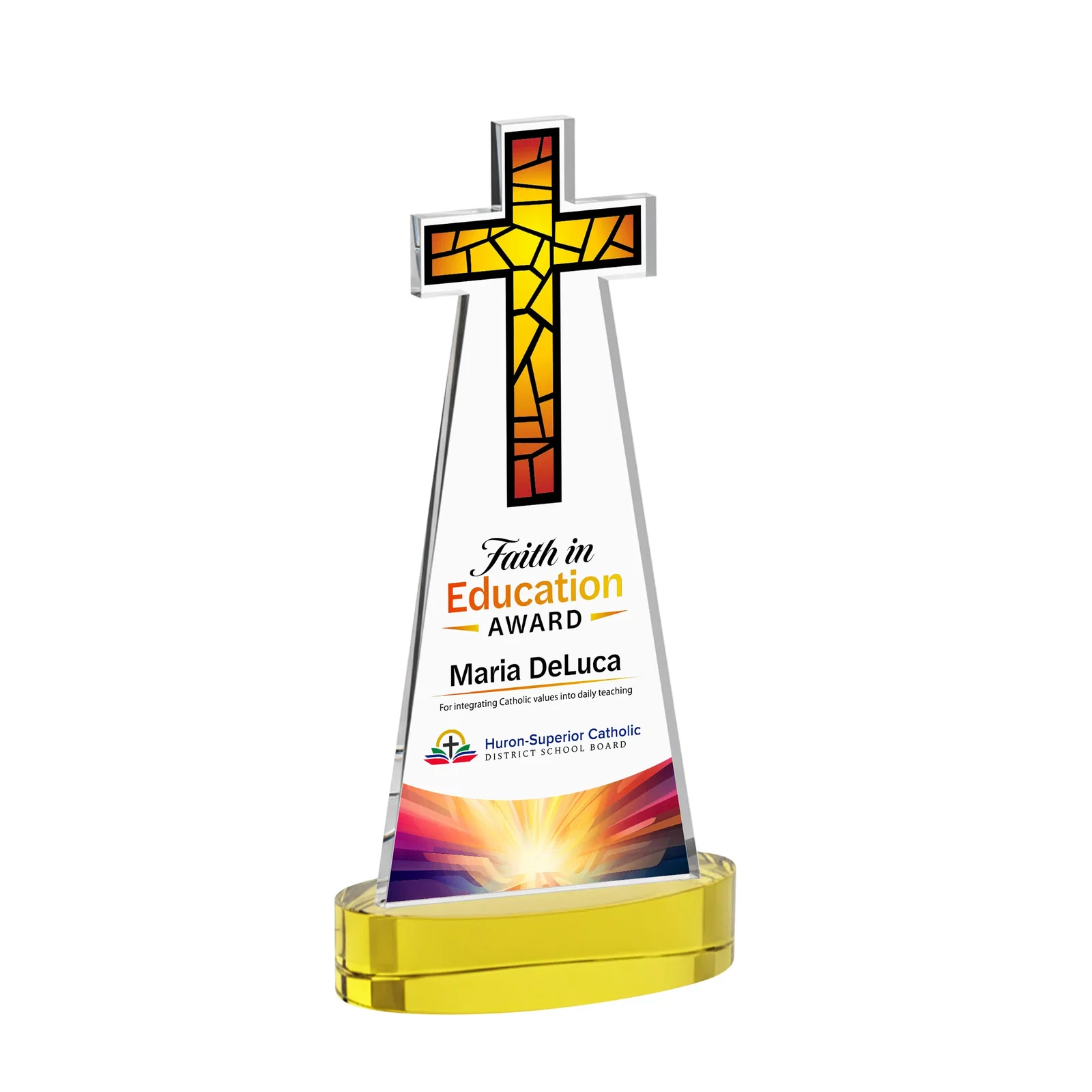 Branded Starfire Crystal Cut-Out Cross Award on Oval Base for dealer and partner awards