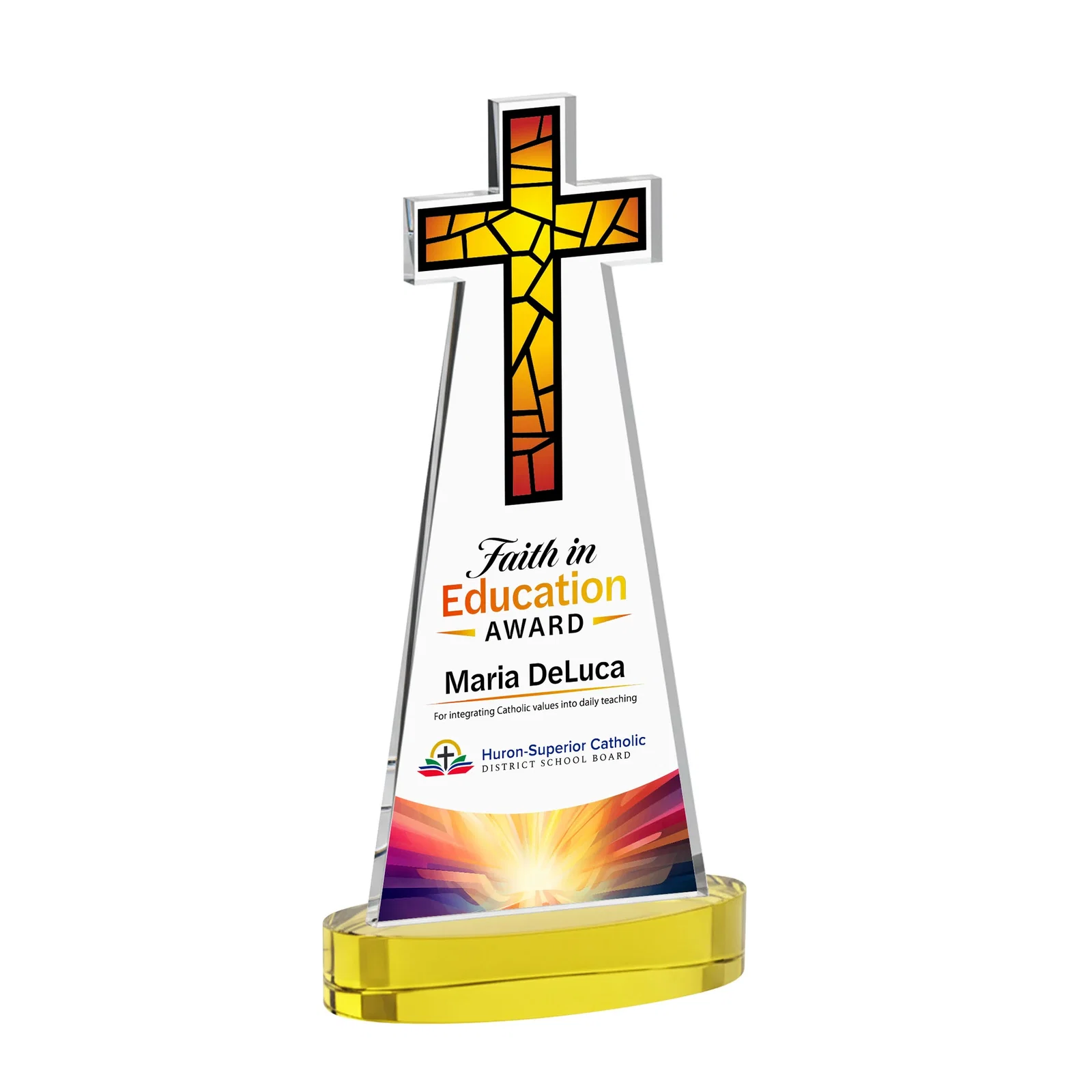 Branded Starfire Crystal Cut-Out Cross Award on Oval Base for company anniversary events