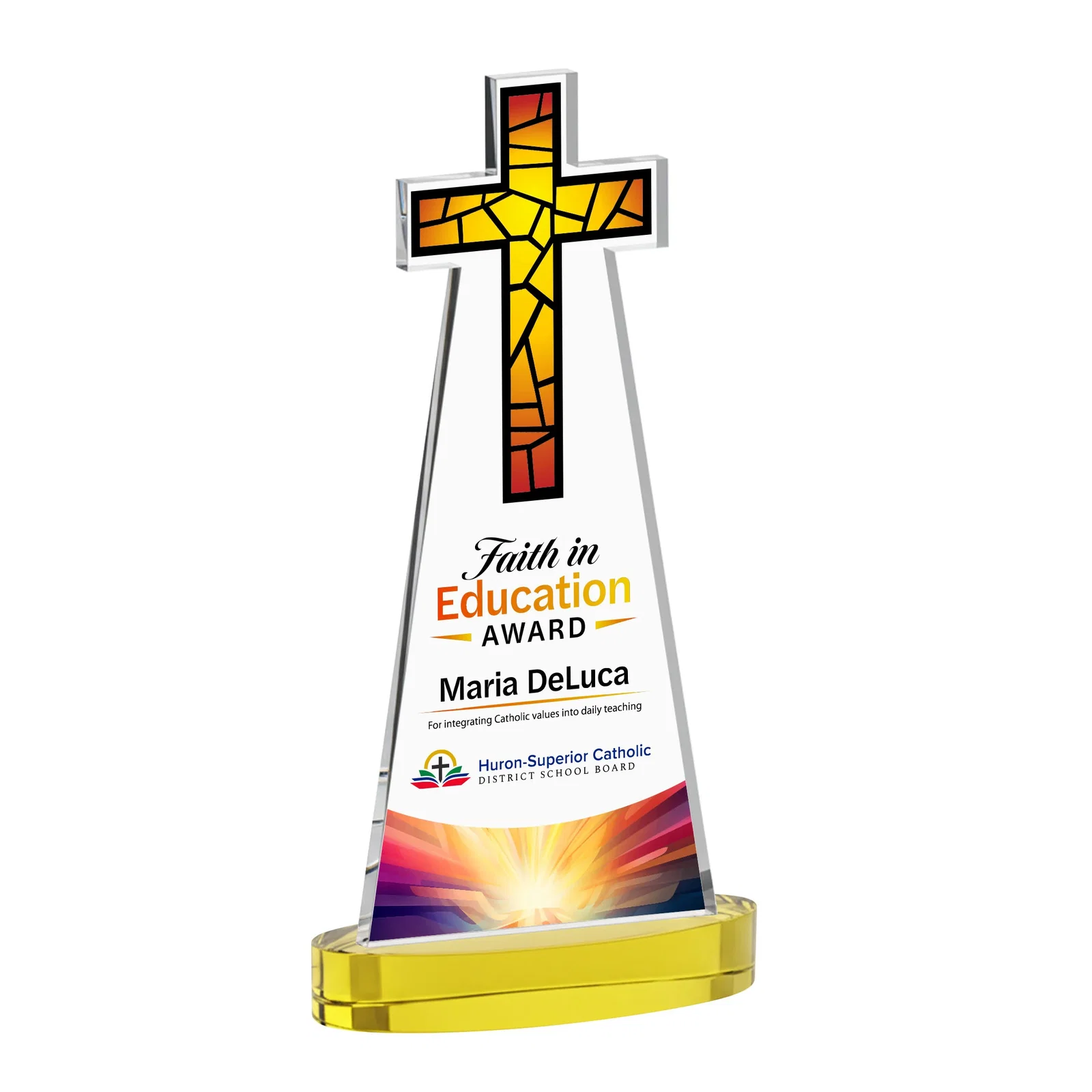 Custom printed Starfire Crystal Cut-Out Cross Award on Oval Base for employee recognition