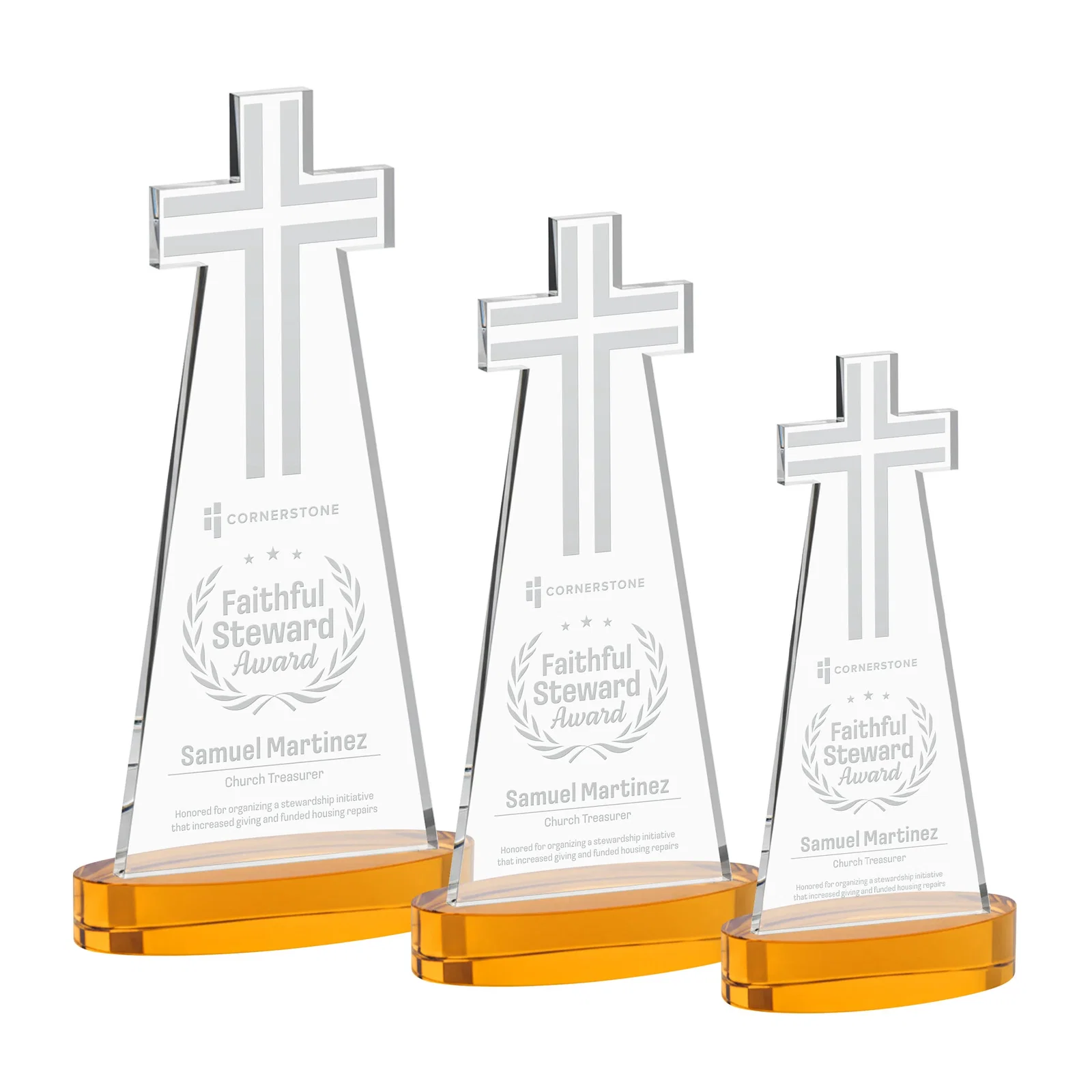 Custom Starfire Crystal Cut-Out Cross Award on Oval Base for team milestone celebrations
