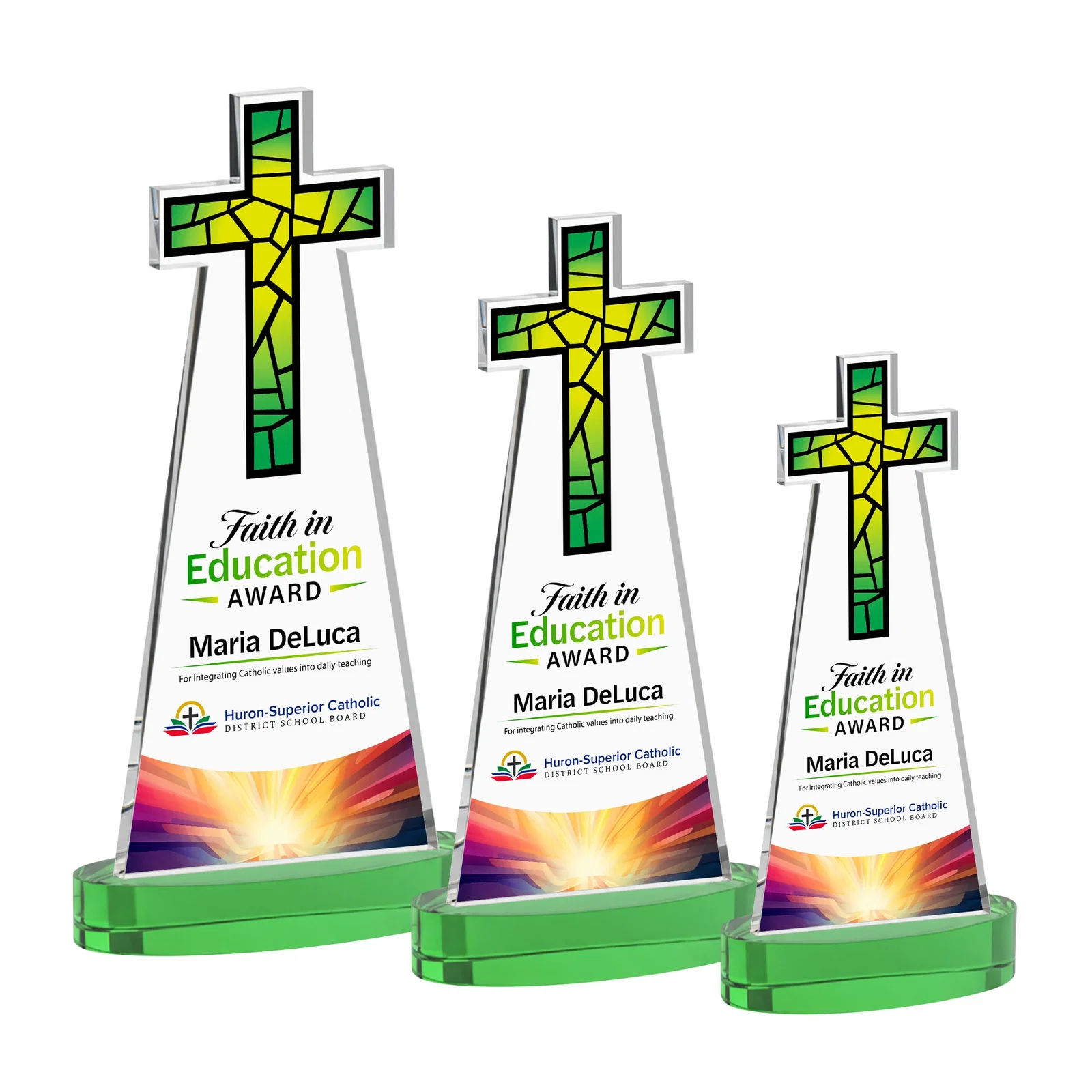 Custom printed Starfire Crystal Cut-Out Cross Award on Oval Base for corporate award ceremonies