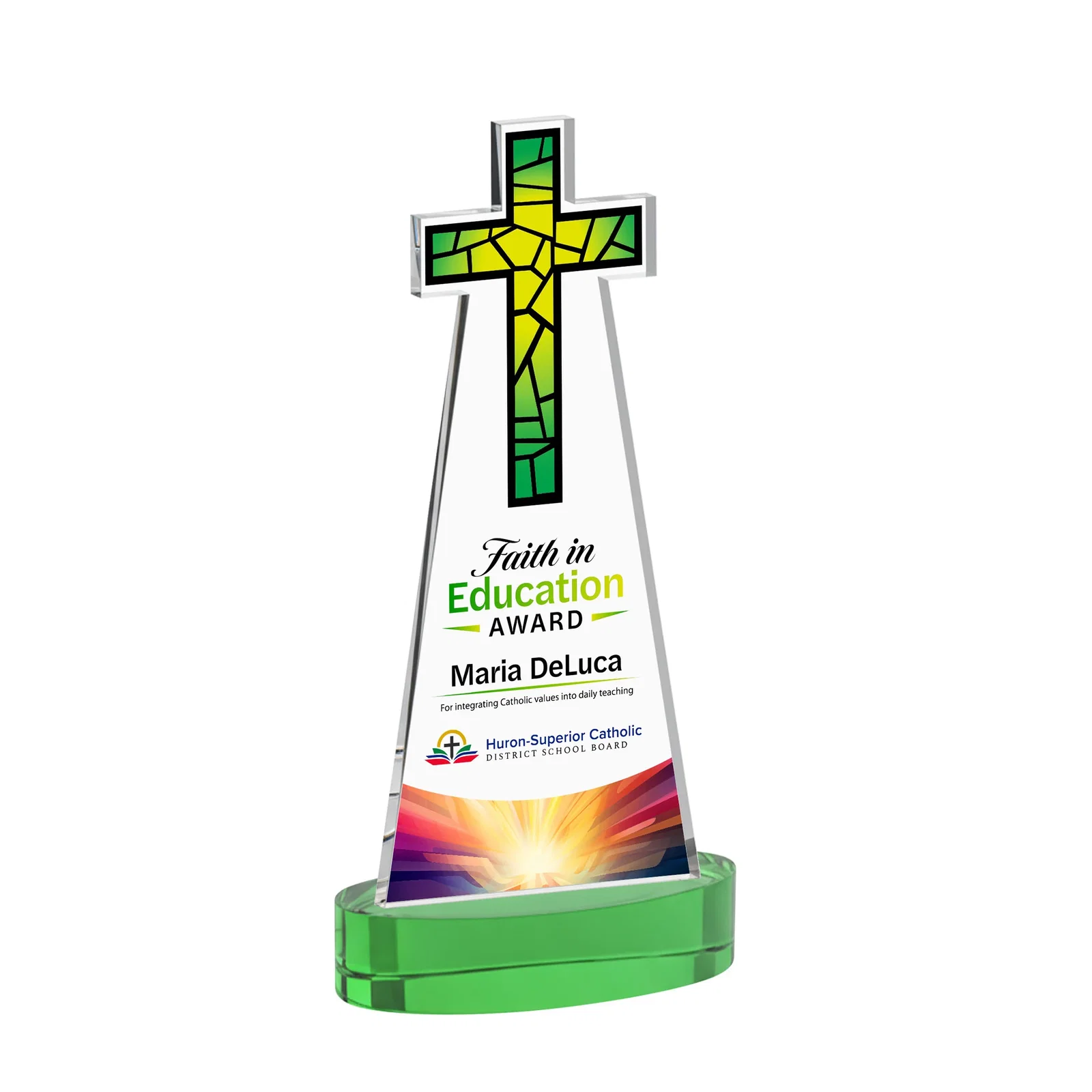 Custom printed Starfire Crystal Cut-Out Cross Award on Oval Base for service anniversary gifts