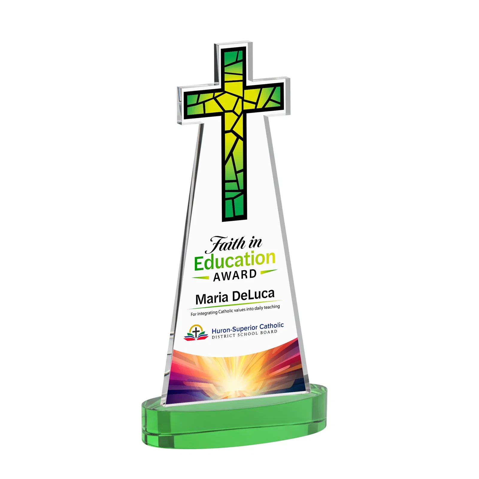 Custom printed Starfire Crystal Cut-Out Cross Award on Oval Base for sales achievement awards