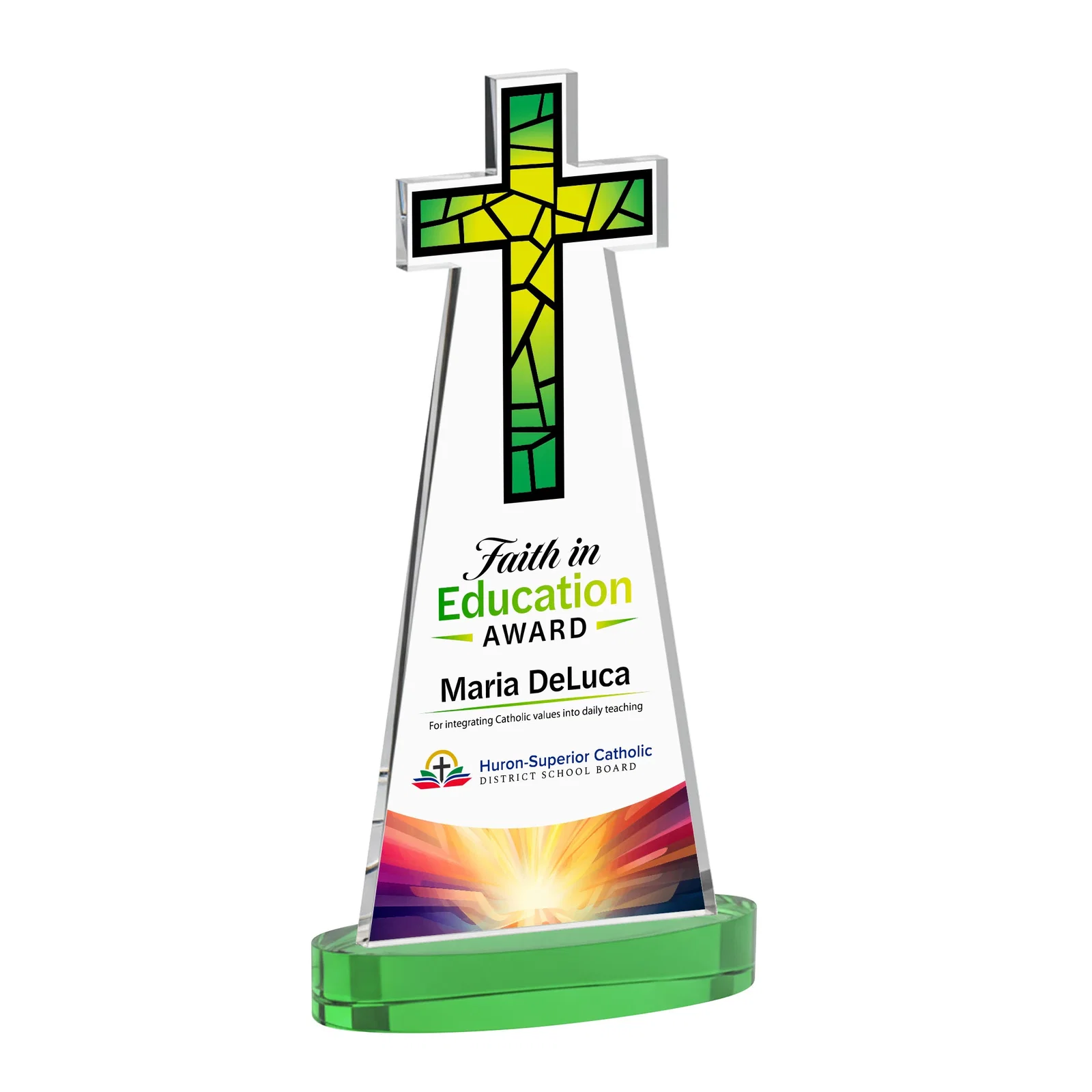 Custom printed Starfire Crystal Cut-Out Cross Award on Oval Base for retirement presentations