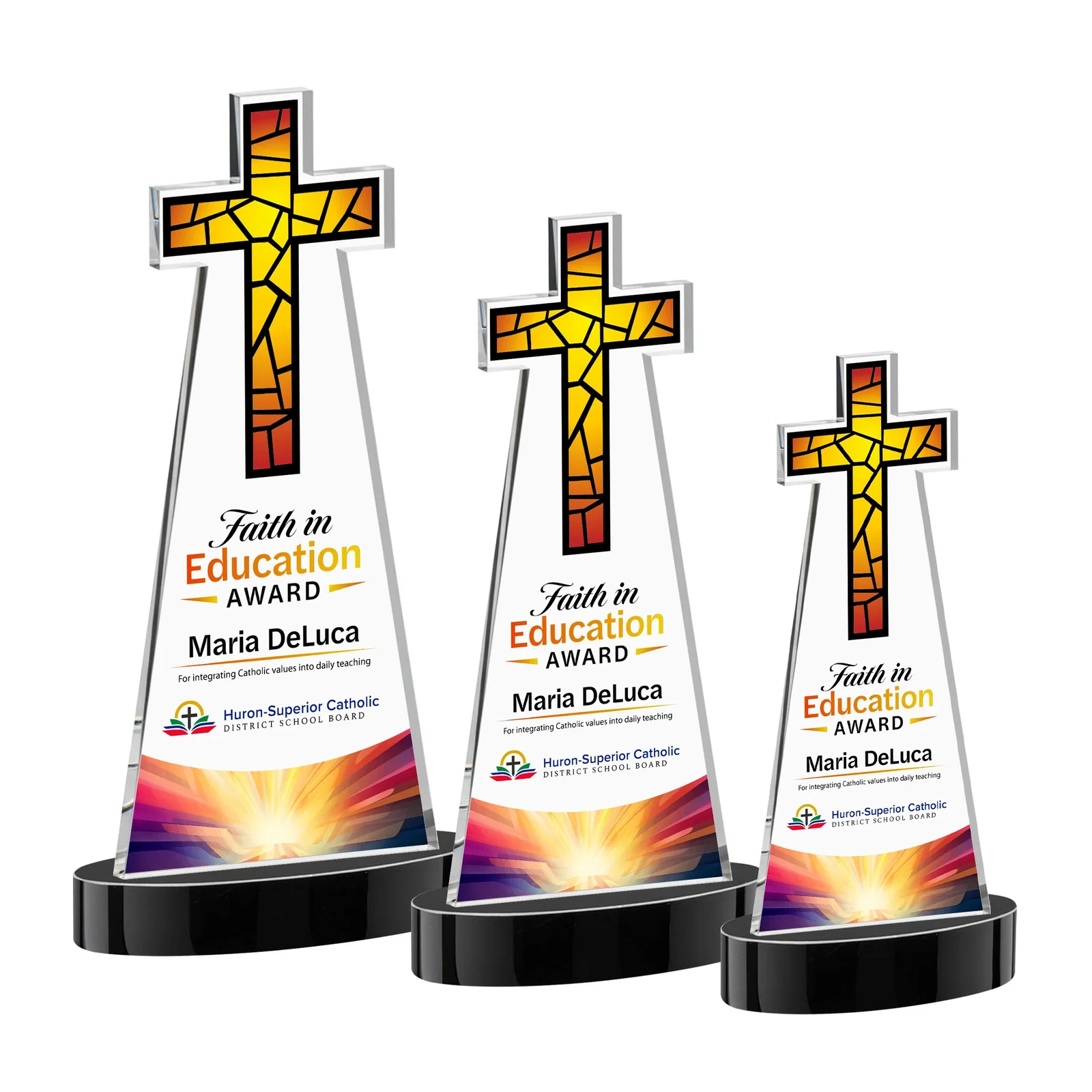 Custom printed Starfire Crystal Cut-Out Cross Award on Oval Base for team milestone celebrations