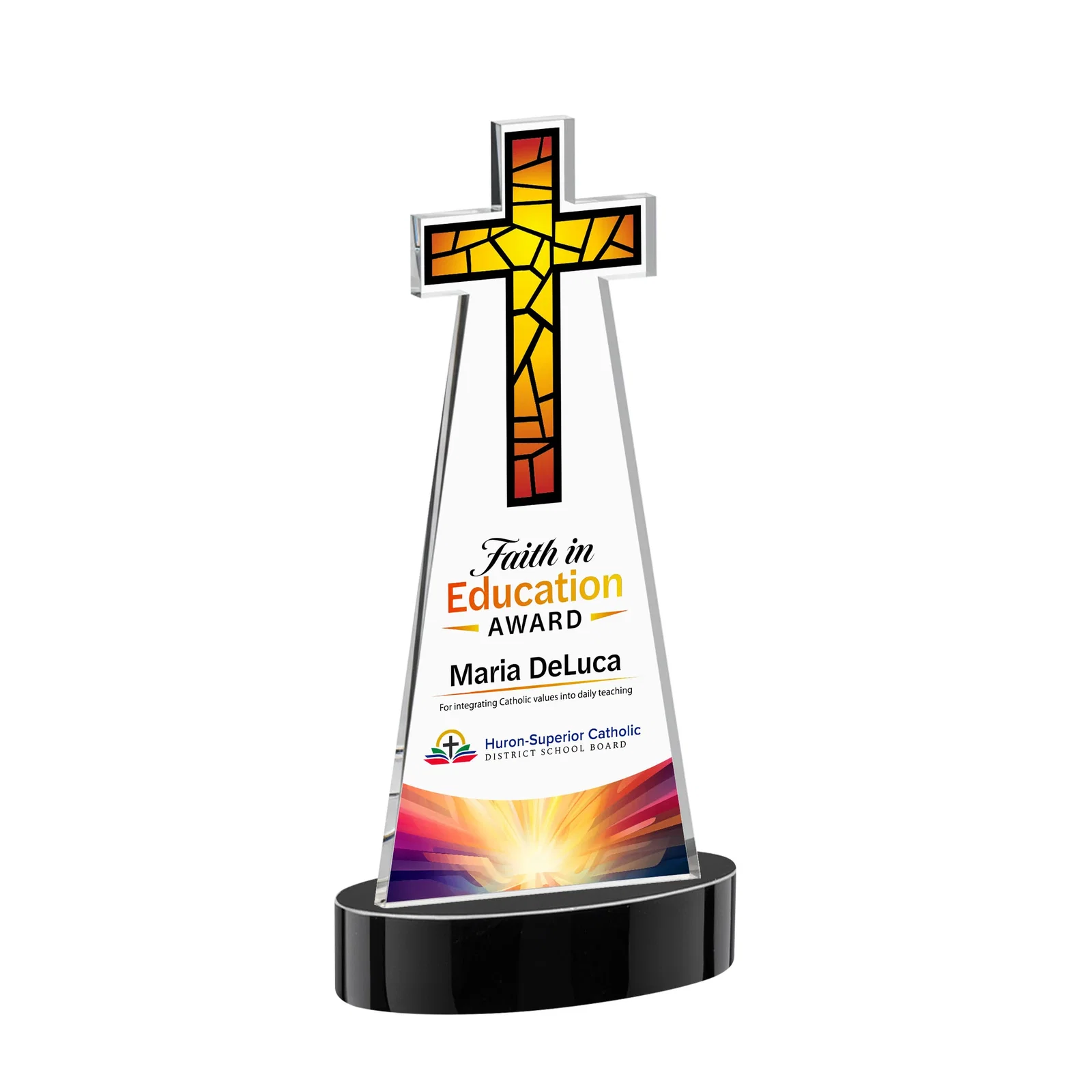 Custom printed Starfire Crystal Cut-Out Cross Award on Oval Base for donor appreciation
