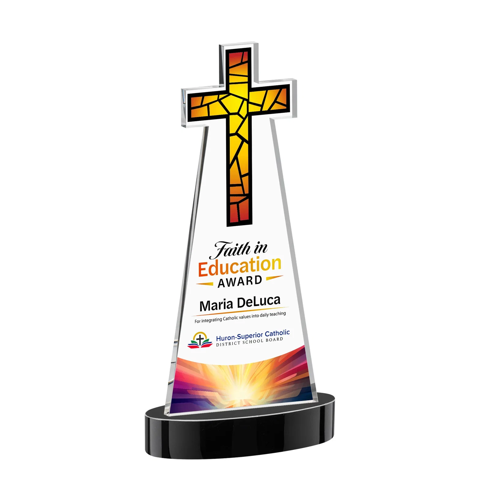 Custom printed Starfire Crystal Cut-Out Cross Award on Oval Base for graduation ceremonies