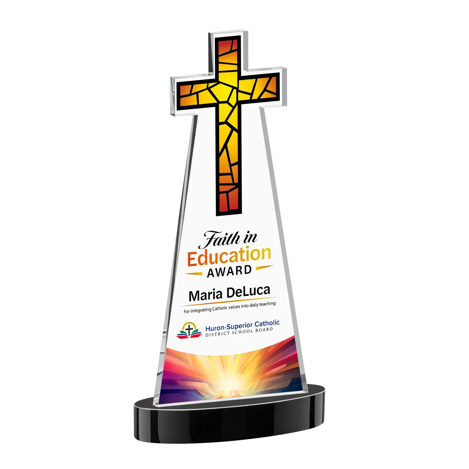 Custom printed Starfire Crystal Cut-Out Cross Award on Oval Base for safety achievement programs