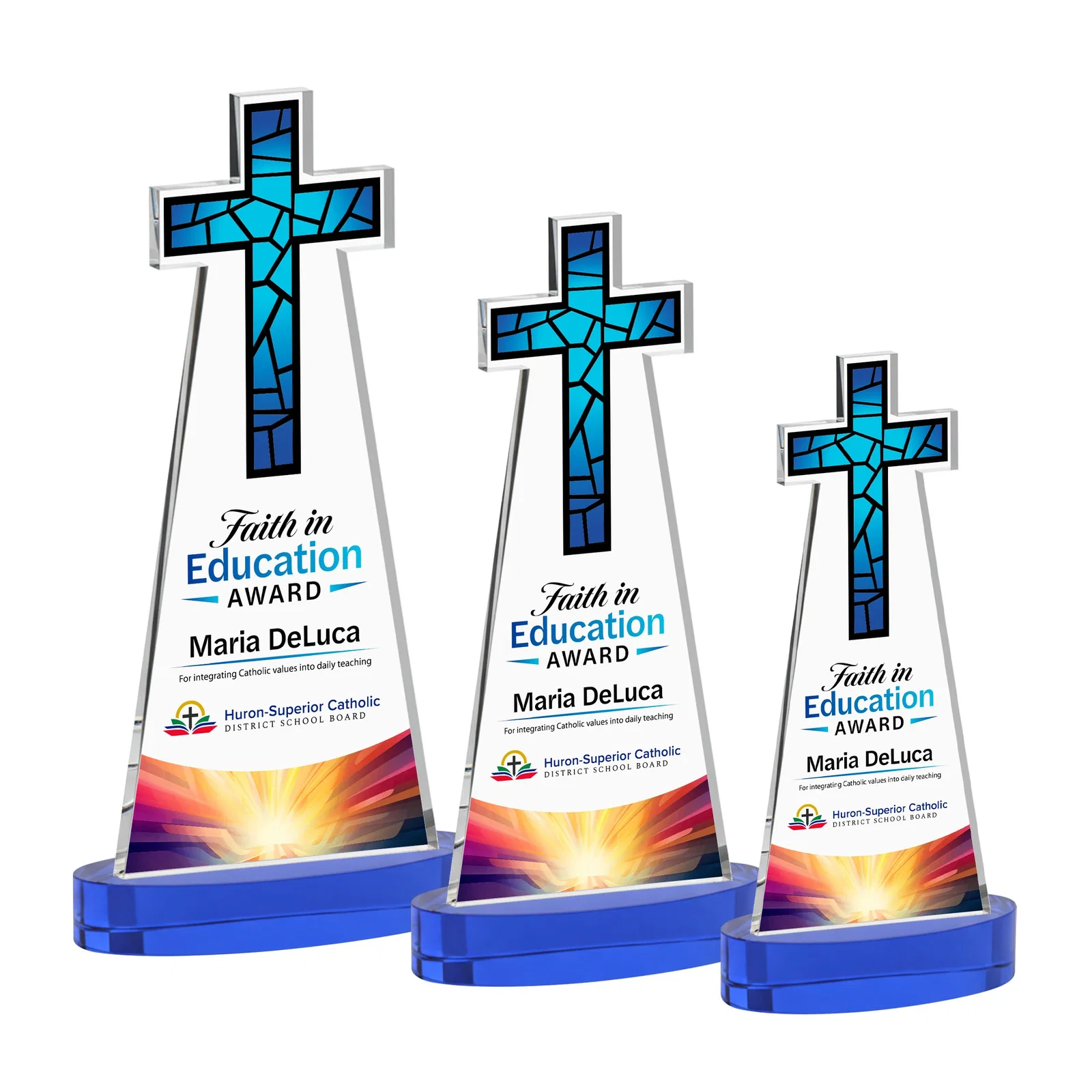 Custom printed Starfire Crystal Cut-Out Cross Award on Oval Base for volunteer appreciation