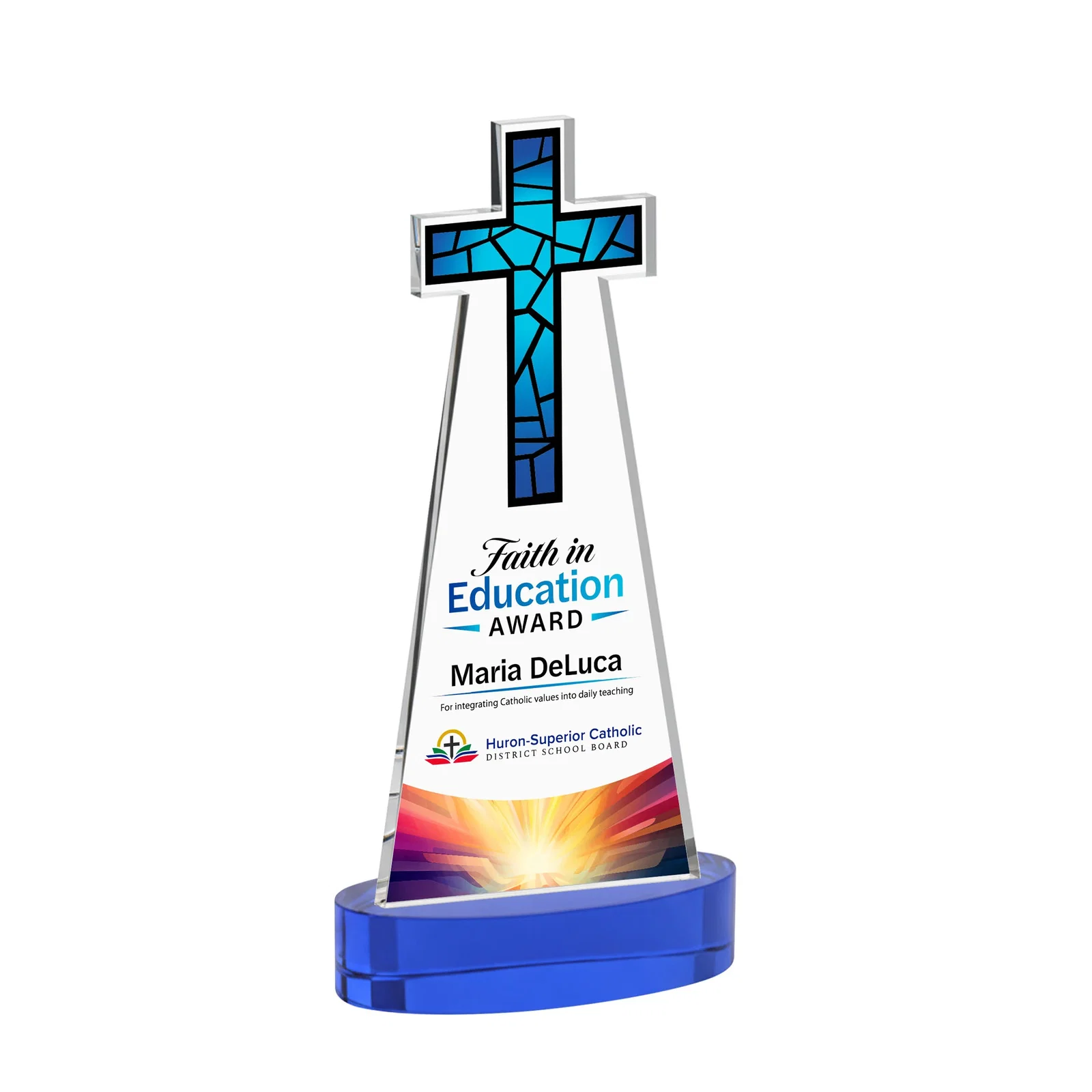 Custom printed Starfire Crystal Cut-Out Cross Award on Oval Base for dealer and partner awards