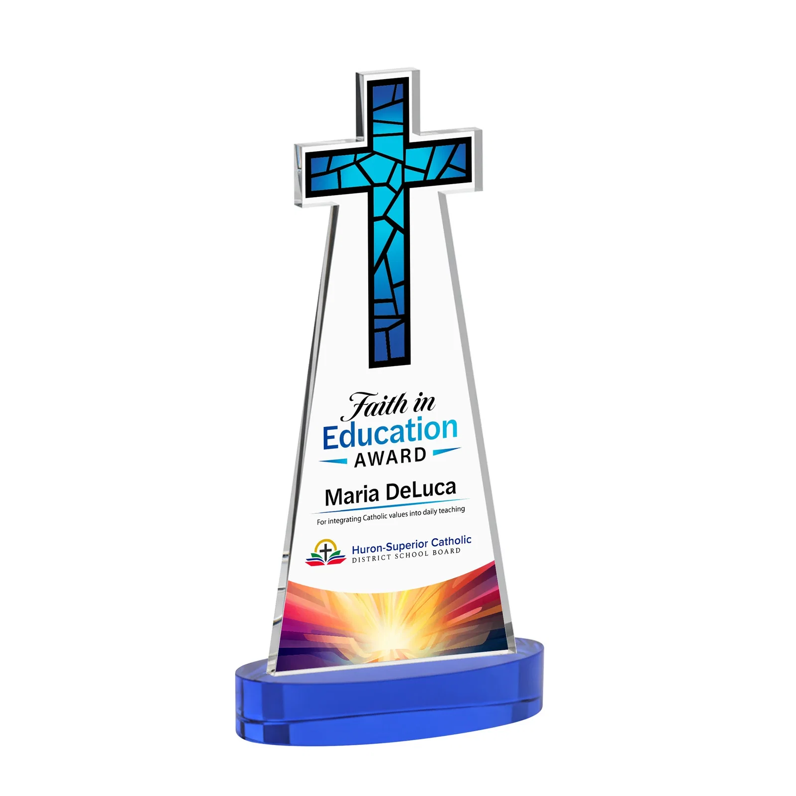 Custom printed Starfire Crystal Cut-Out Cross Award on Oval Base for company anniversary events
