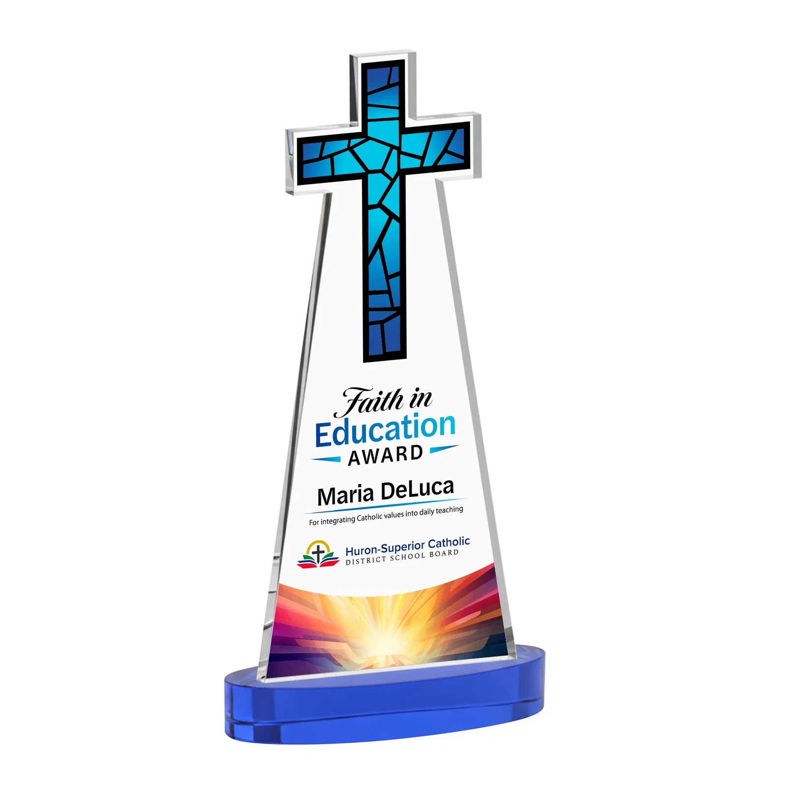 Customized Starfire Crystal Cut-Out Cross Award on Oval Base for employee recognition