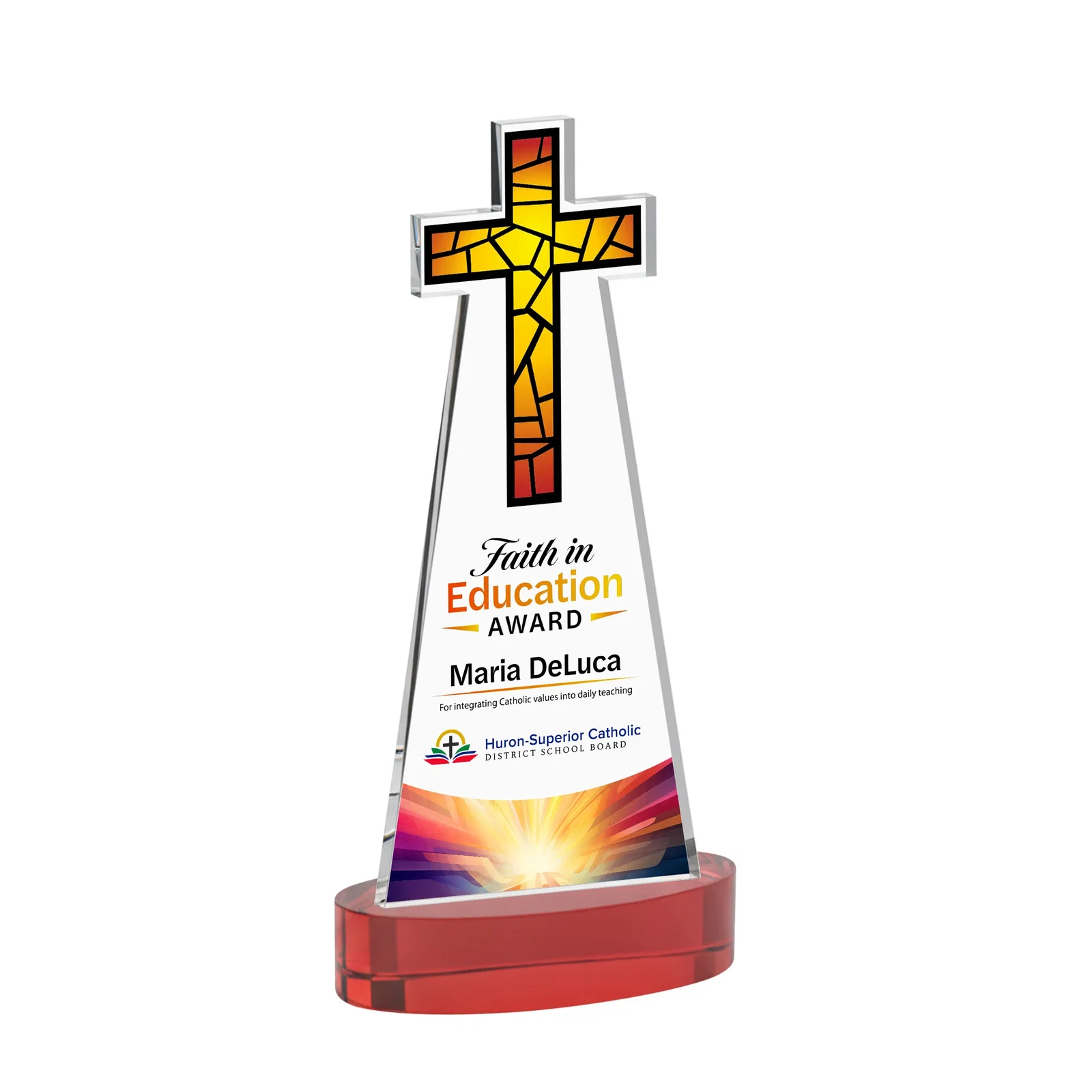 Customized Starfire Crystal Cut-Out Cross Award on Oval Base for service anniversary gifts