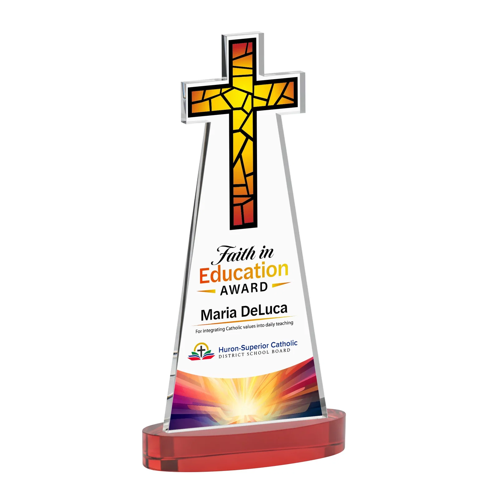 Customized Starfire Crystal Cut-Out Cross Award on Oval Base for retirement presentations