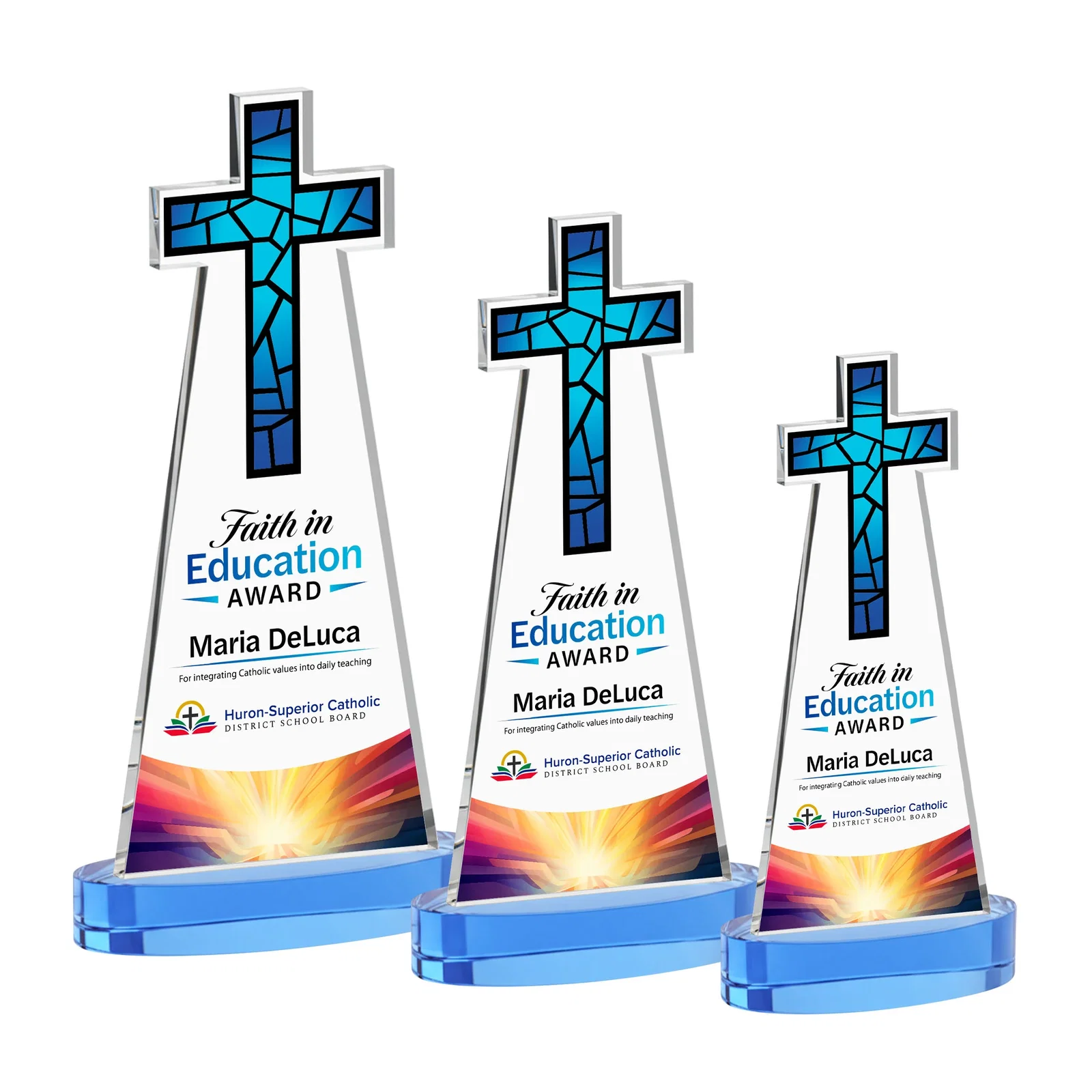 Customized Starfire Crystal Cut-Out Cross Award on Oval Base for team milestone celebrations