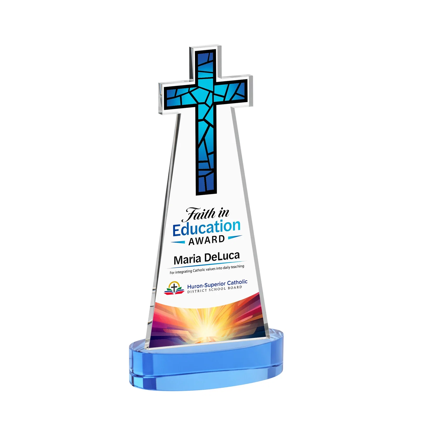Customized Starfire Crystal Cut-Out Cross Award on Oval Base for donor appreciation
