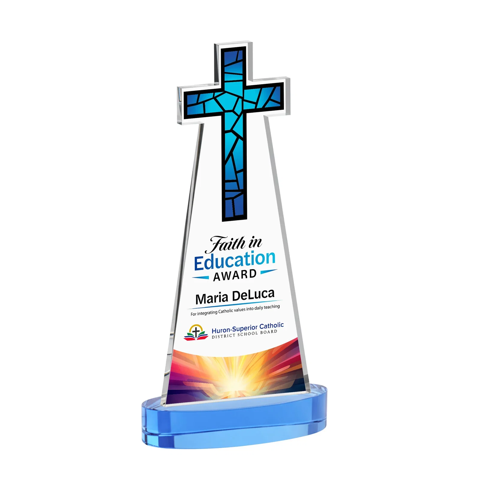 Customized Starfire Crystal Cut-Out Cross Award on Oval Base for graduation ceremonies