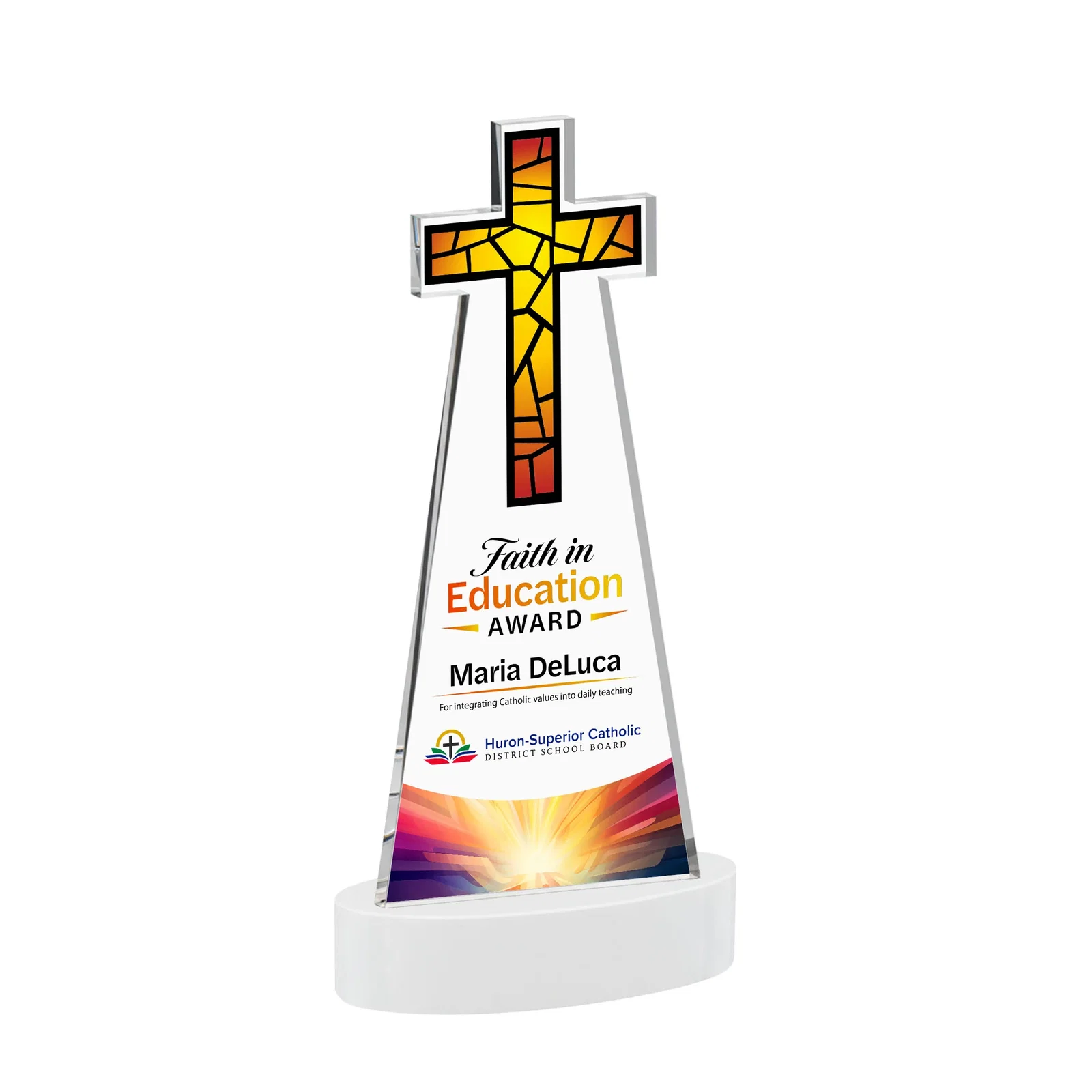 Customized Starfire Crystal Cut-Out Cross Award on Oval Base for dealer and partner awards