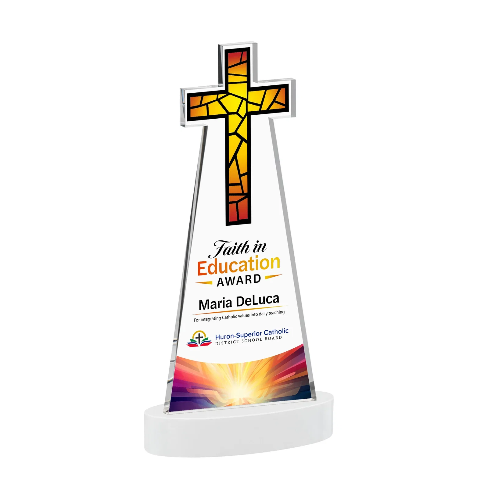 Customized Starfire Crystal Cut-Out Cross Award on Oval Base for company anniversary events