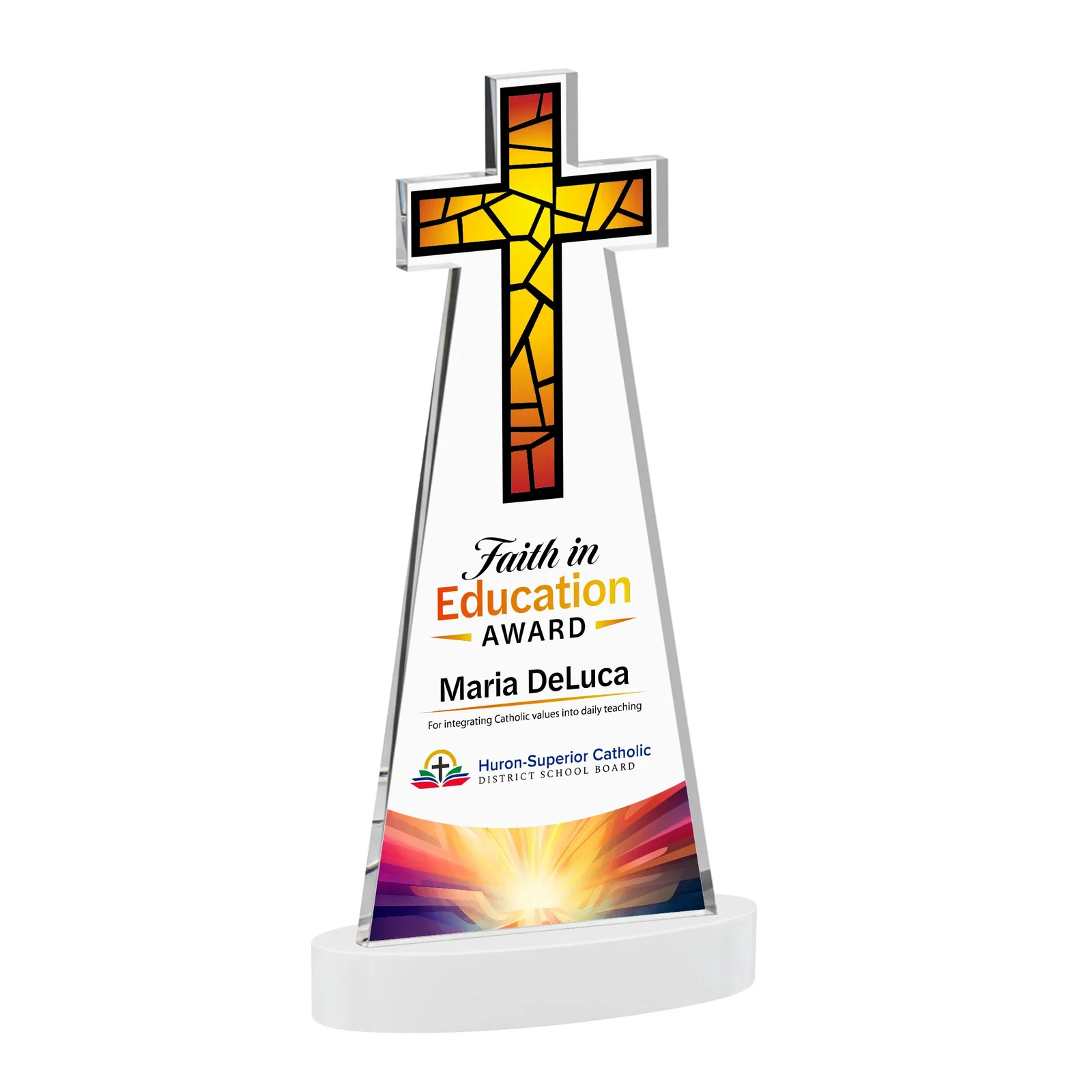 Custom engraved Starfire Crystal Cut-Out Cross Award on Oval Base for employee recognition