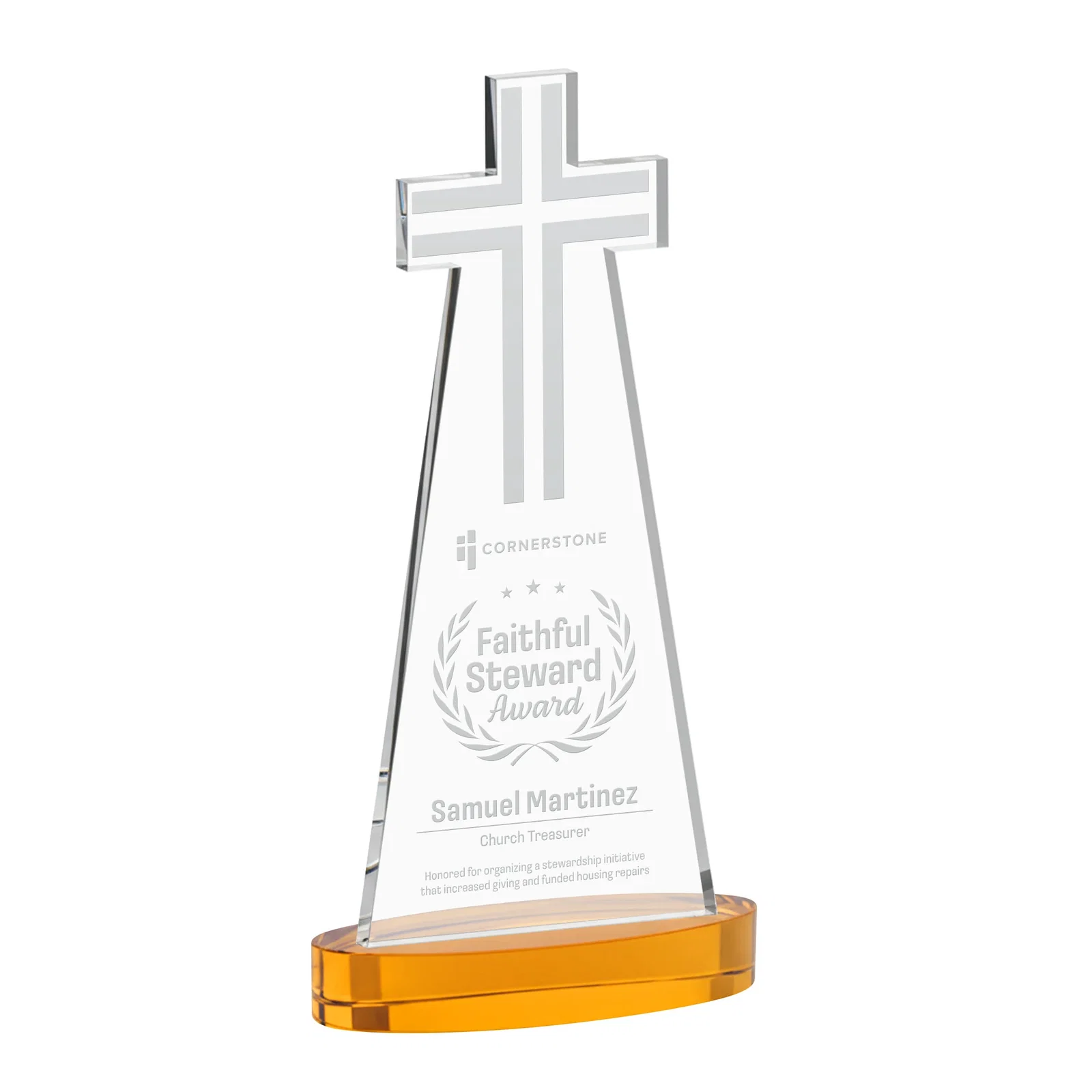 Custom Starfire Crystal Cut-Out Cross Award on Oval Base for safety achievement programs