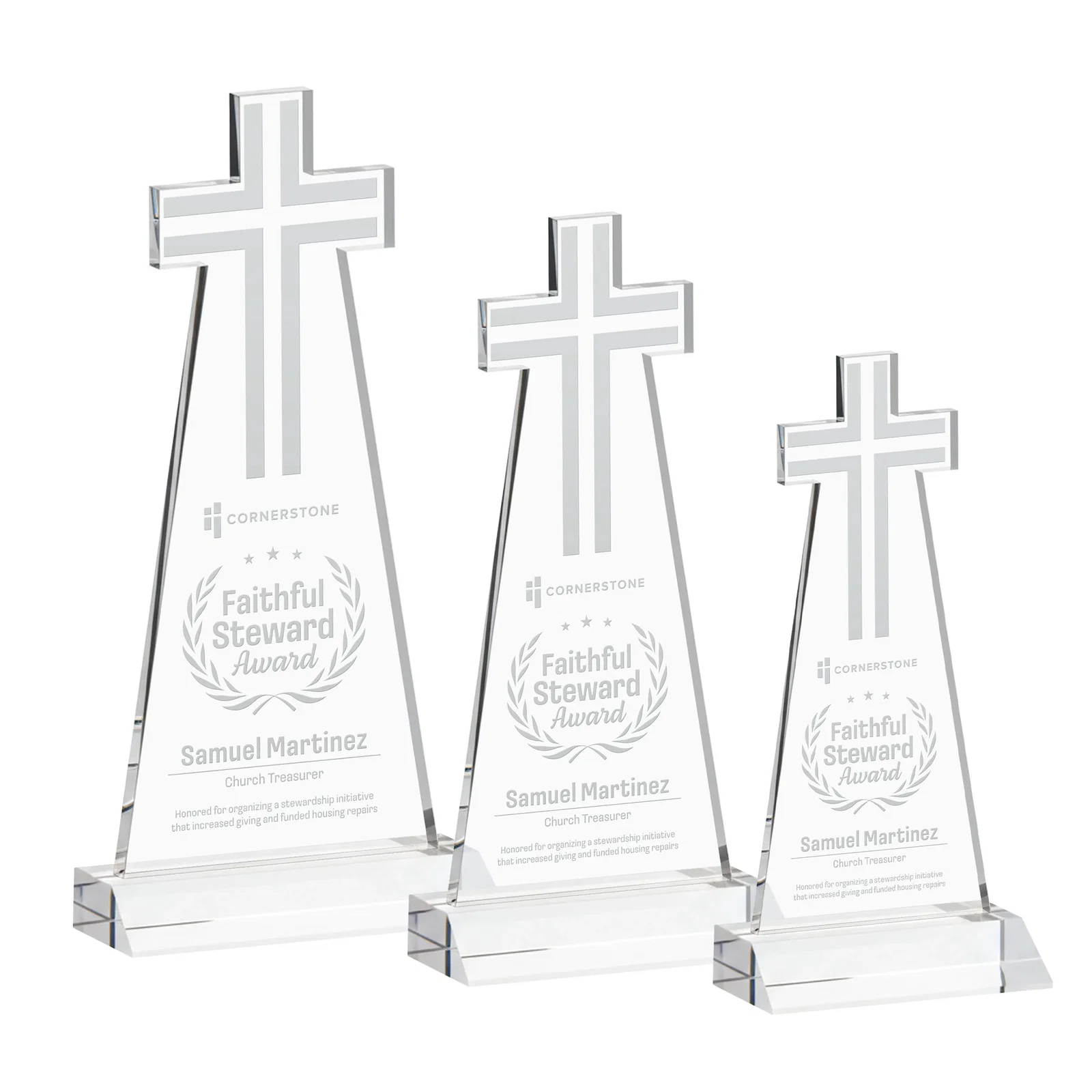 Custom Starfire Crystal Cut-Out Cross Award on Front-Mitered Base for employee recognition
