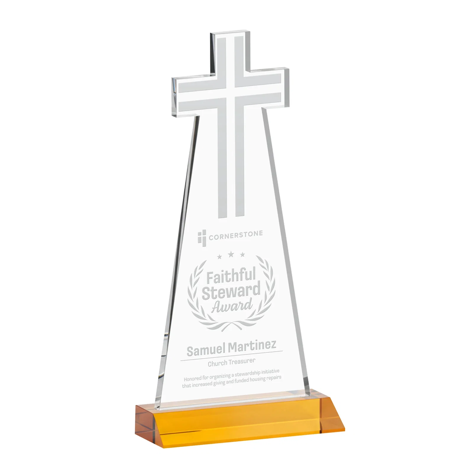 Custom Starfire Crystal Cut-Out Cross Award on Front-Mitered Base for volunteer appreciation